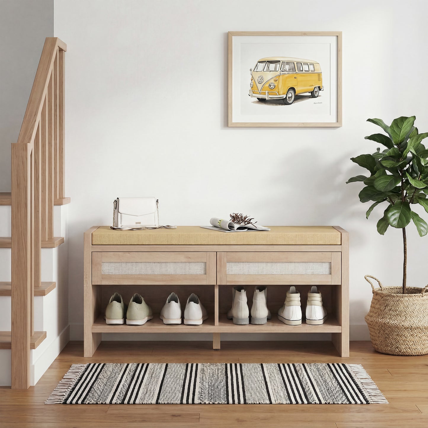 Boho Shoe Bench with 2 Rattan Drawers, Shoe Storage Bench with Cushioned Seat and Open Shelf Oak Wood Effect