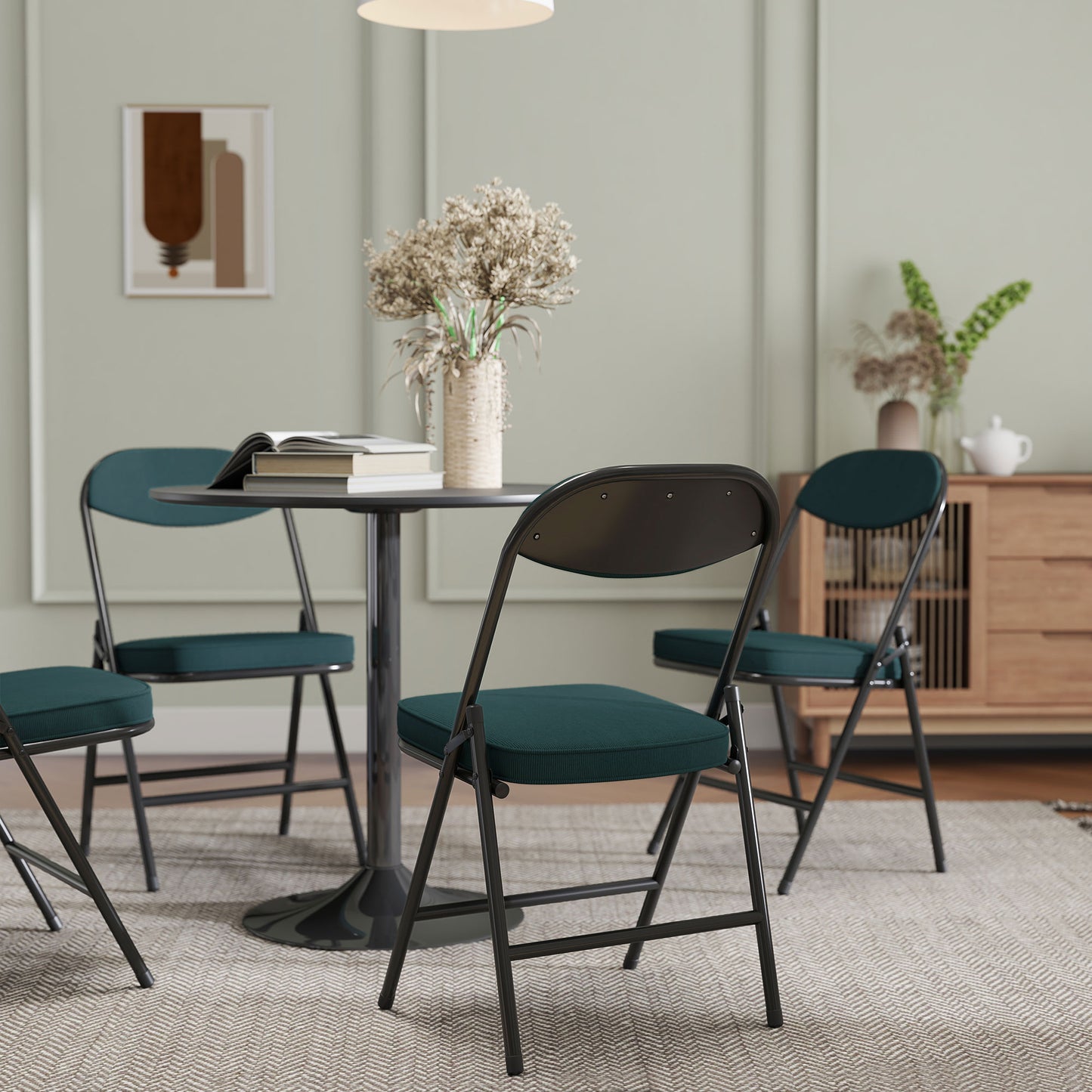 Set of Four Folding Corduroy Seat Chairs - Teal