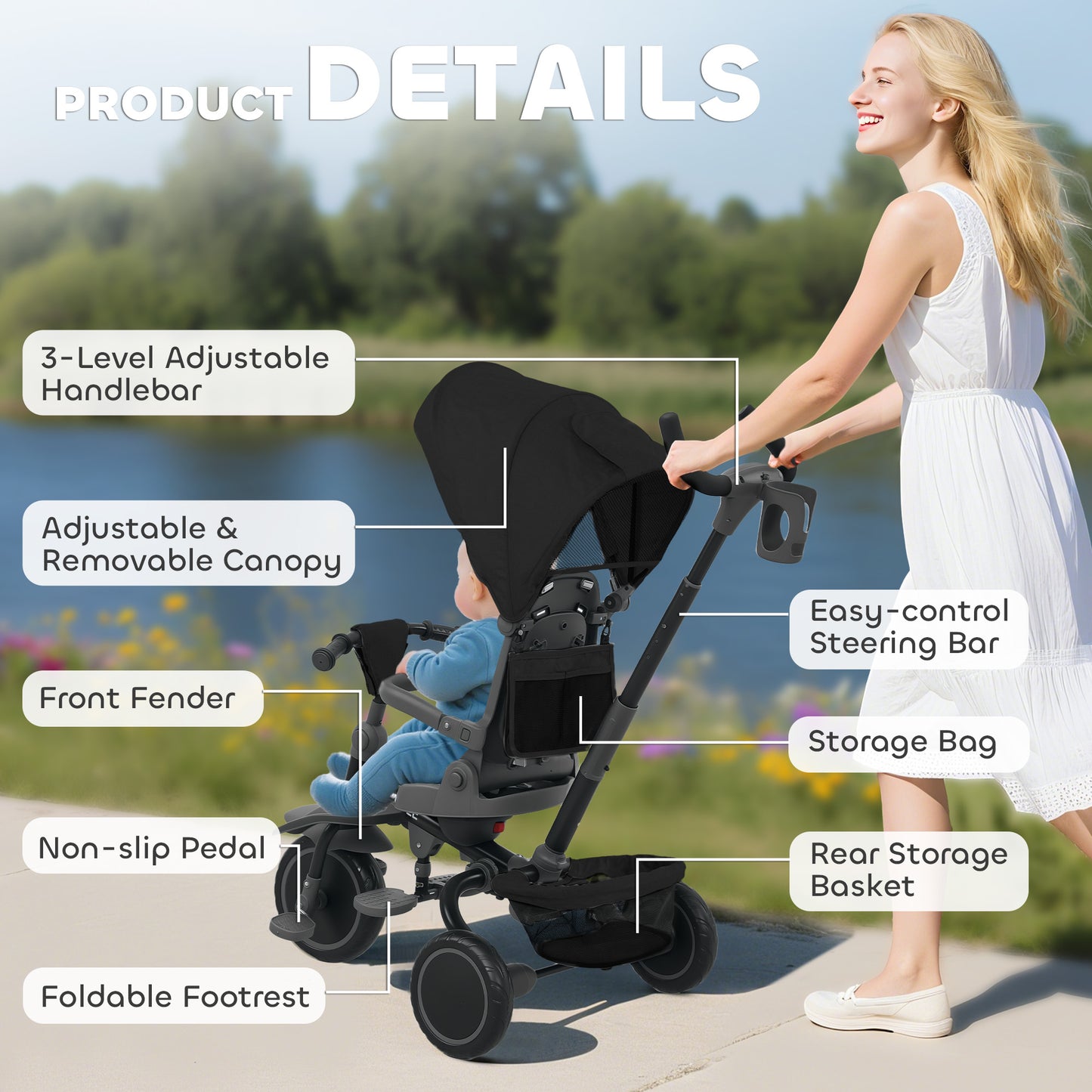 6 in 1 Foldable Kids Trike with Adjustable Parent Handle & Canopy for Ages 1-5, Black