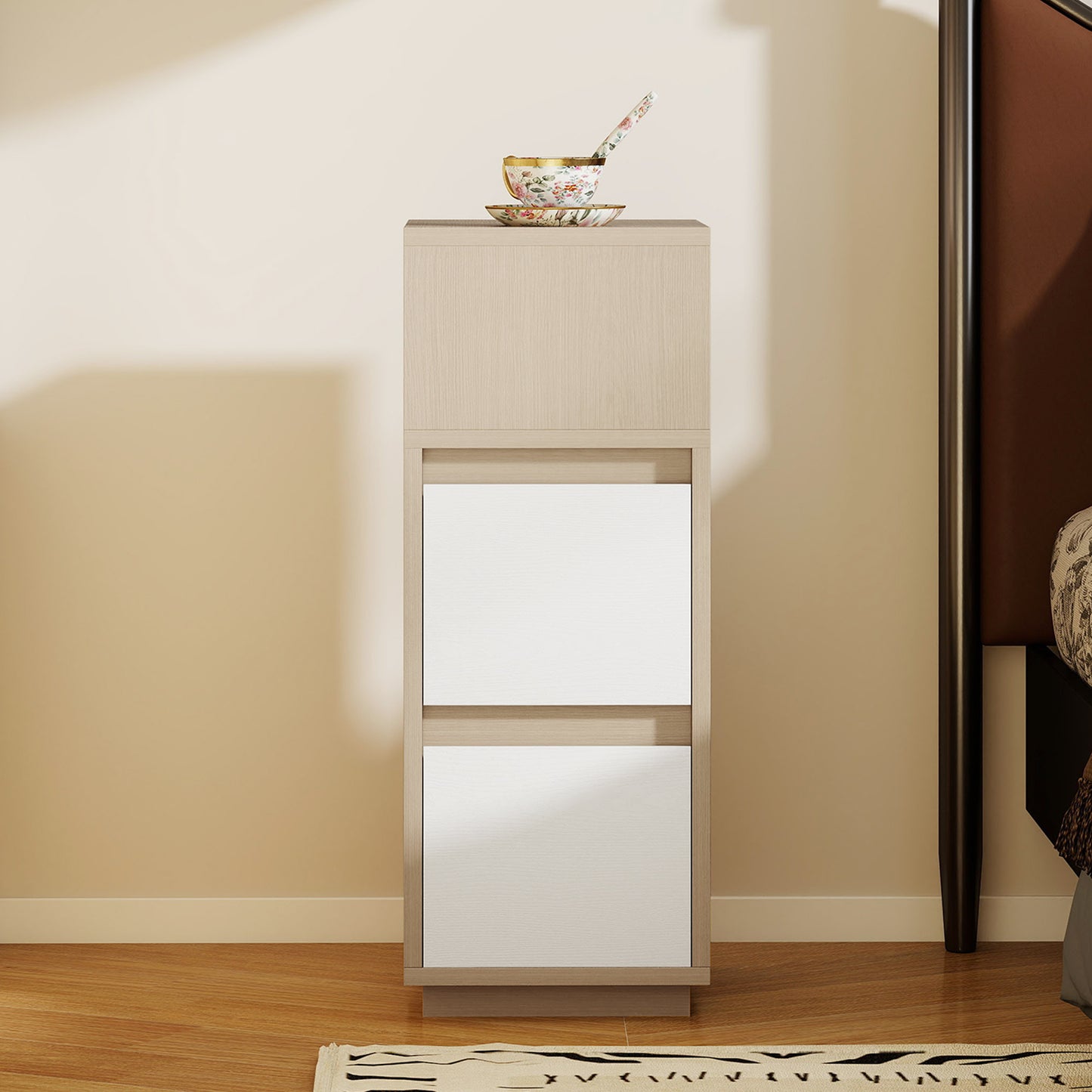 Slim Bedside Table, Narrow Bedside Cabinet with Open Shelf and 2 Drawers for Bedroom, Living Room, Natural Wood Finish