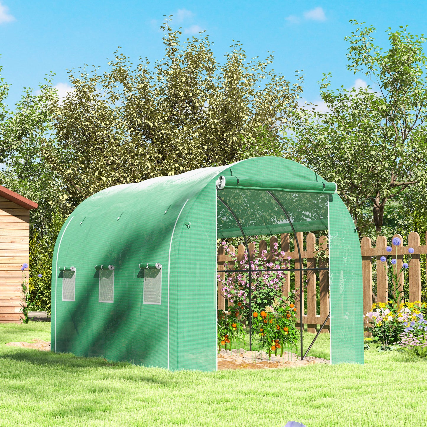 296 x 196cm Steel Frame Polytunnel Greenhouse - Green