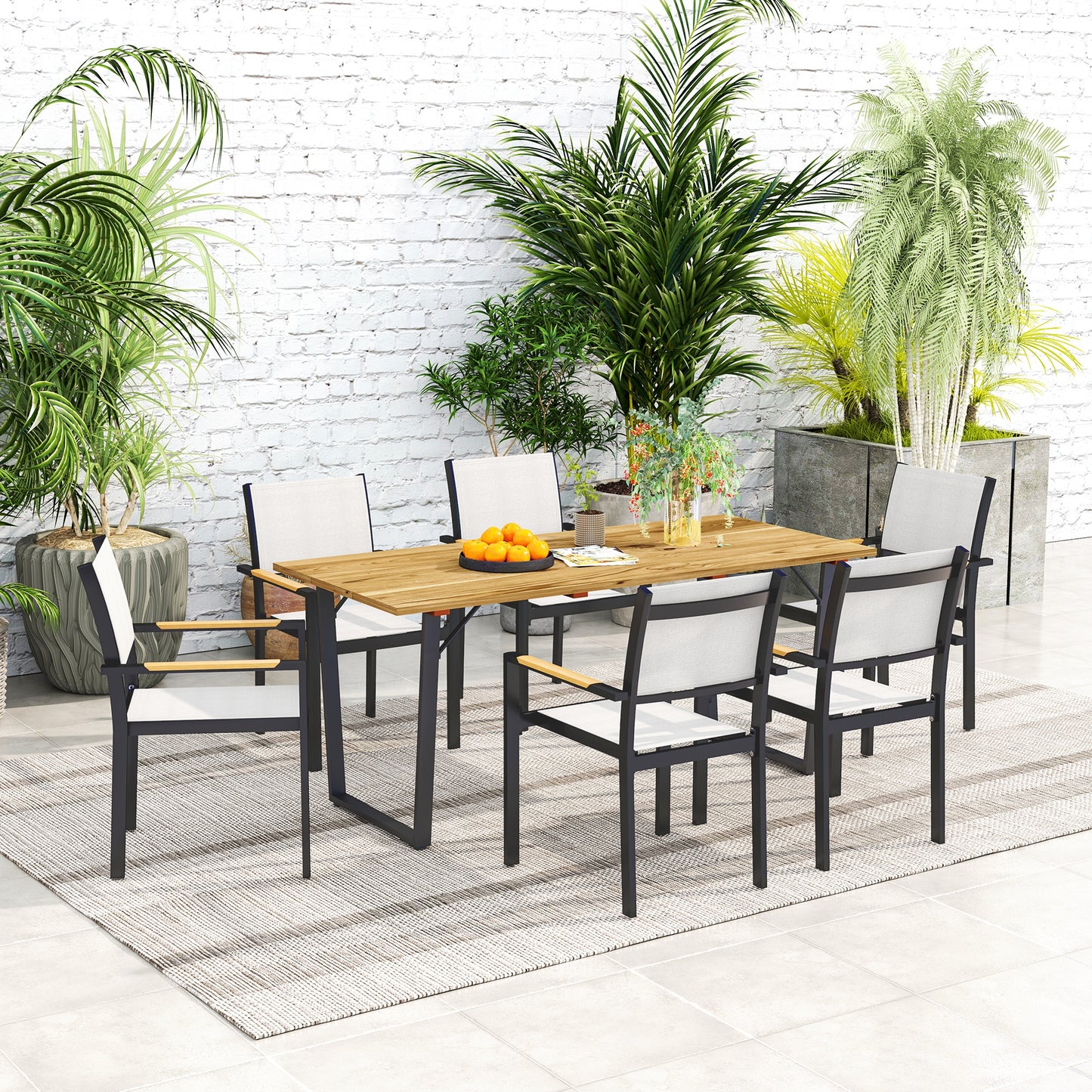 6 Seater Wooden Garden Dining Table, 175 x 80 cm Rectangular Outdoor Dining Table with 5cm Parasol Hole and Slatted Top