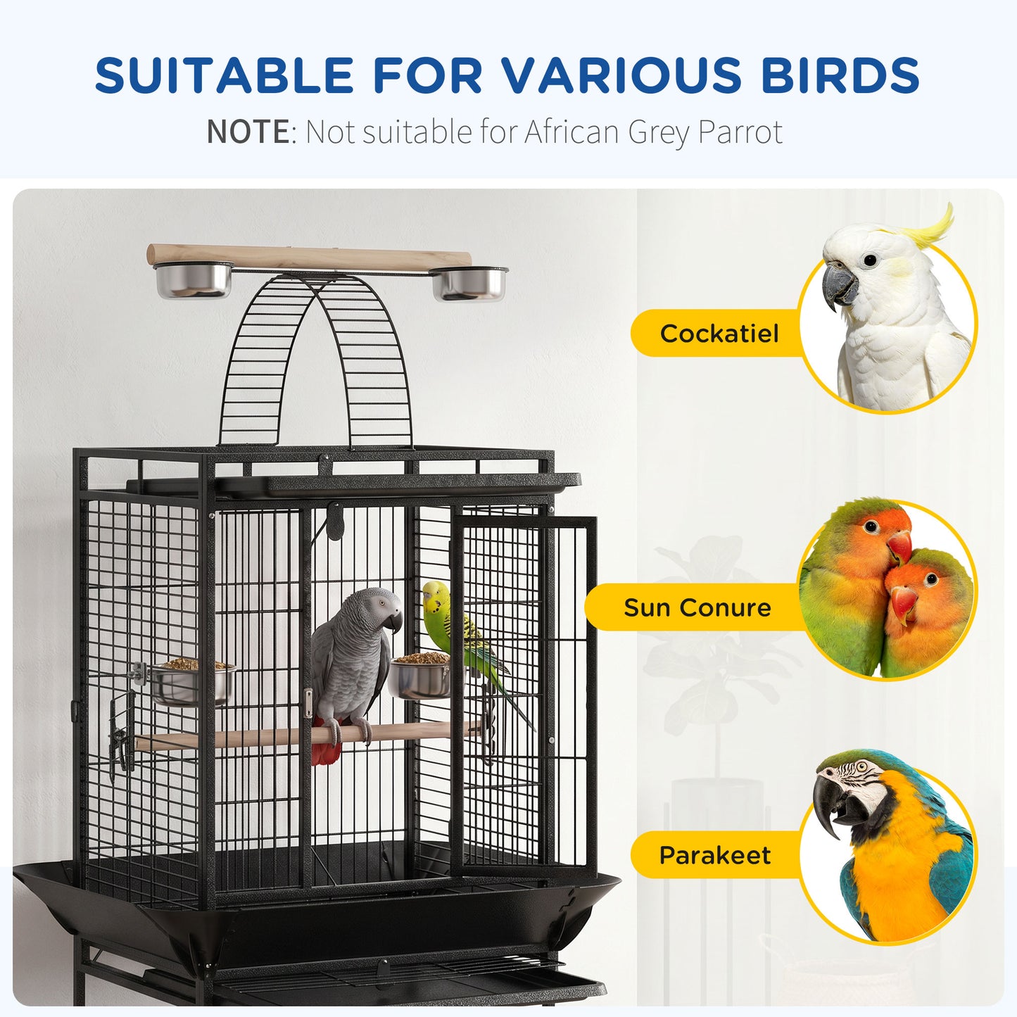 156cm Bird Cage,Large Parrot Cage with Open Play Top, Perch, Seed Guard, Wheels, Storage Shelf, Dark Grey