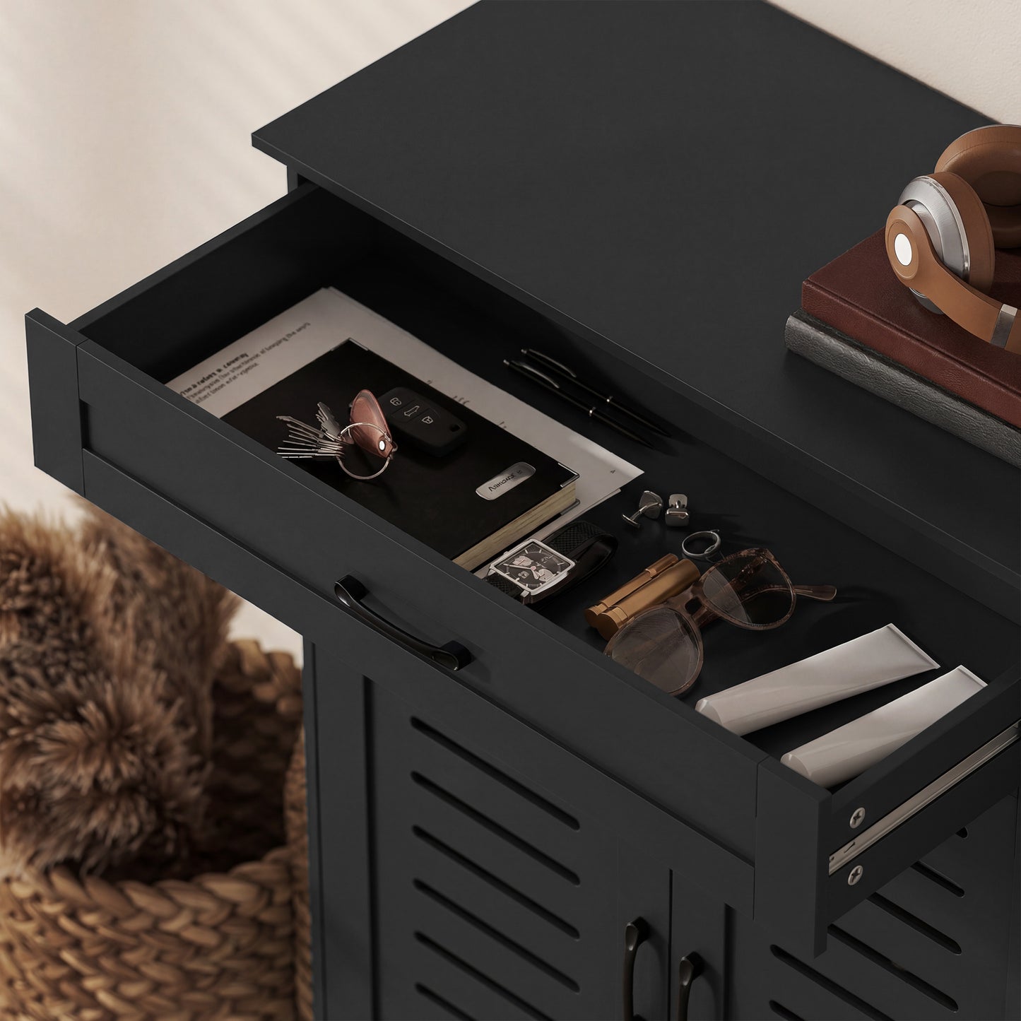 Shoe Cabinet with Louvered Doors, Modern Shoe Storage Cabinet with Drawer and Adjustable Shelves, Black