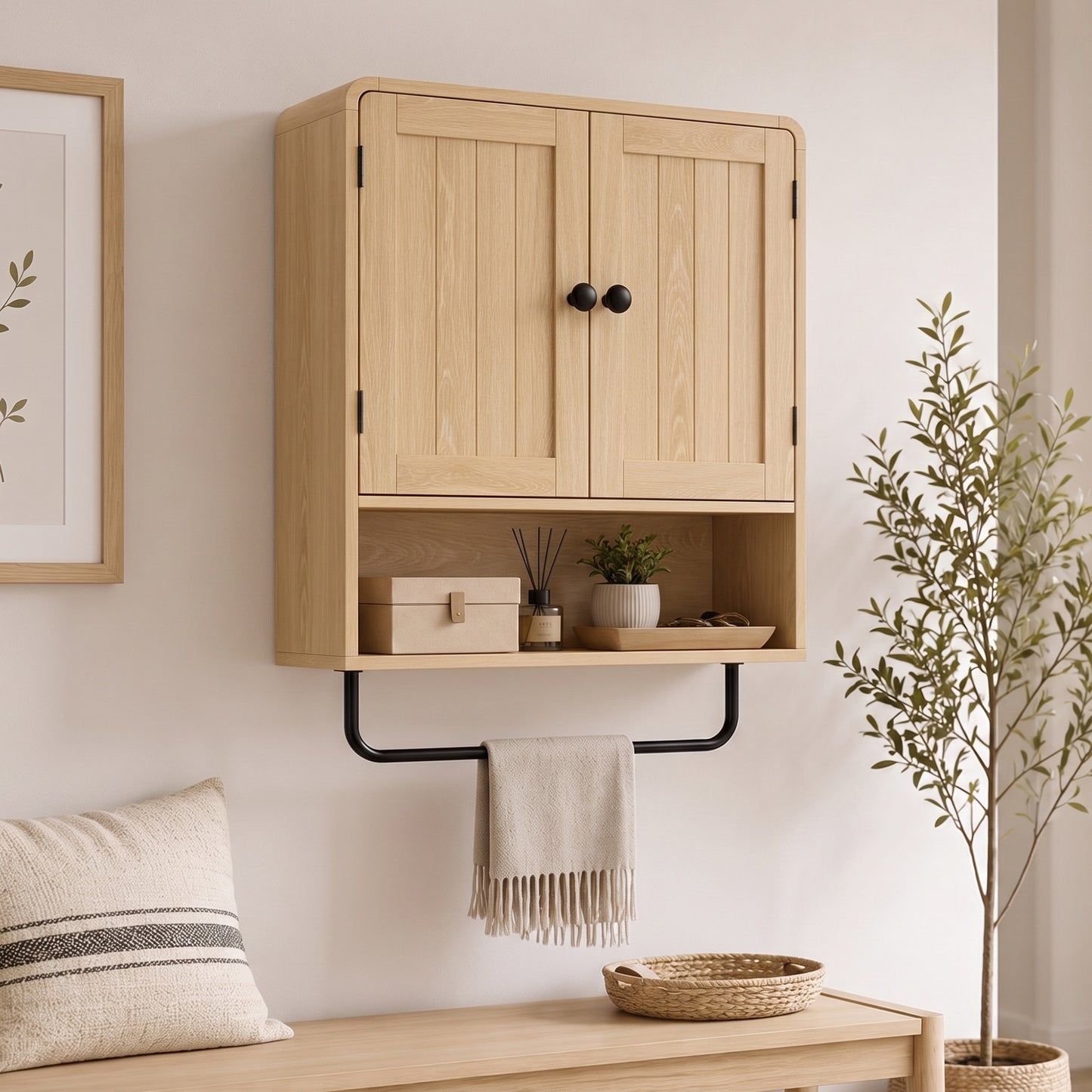 Bathroom Cabinet Wall Mounted, Bathroom Wall Cabinet with 2 Doors, Adjustable Shelf Storage for Toilet, Oak