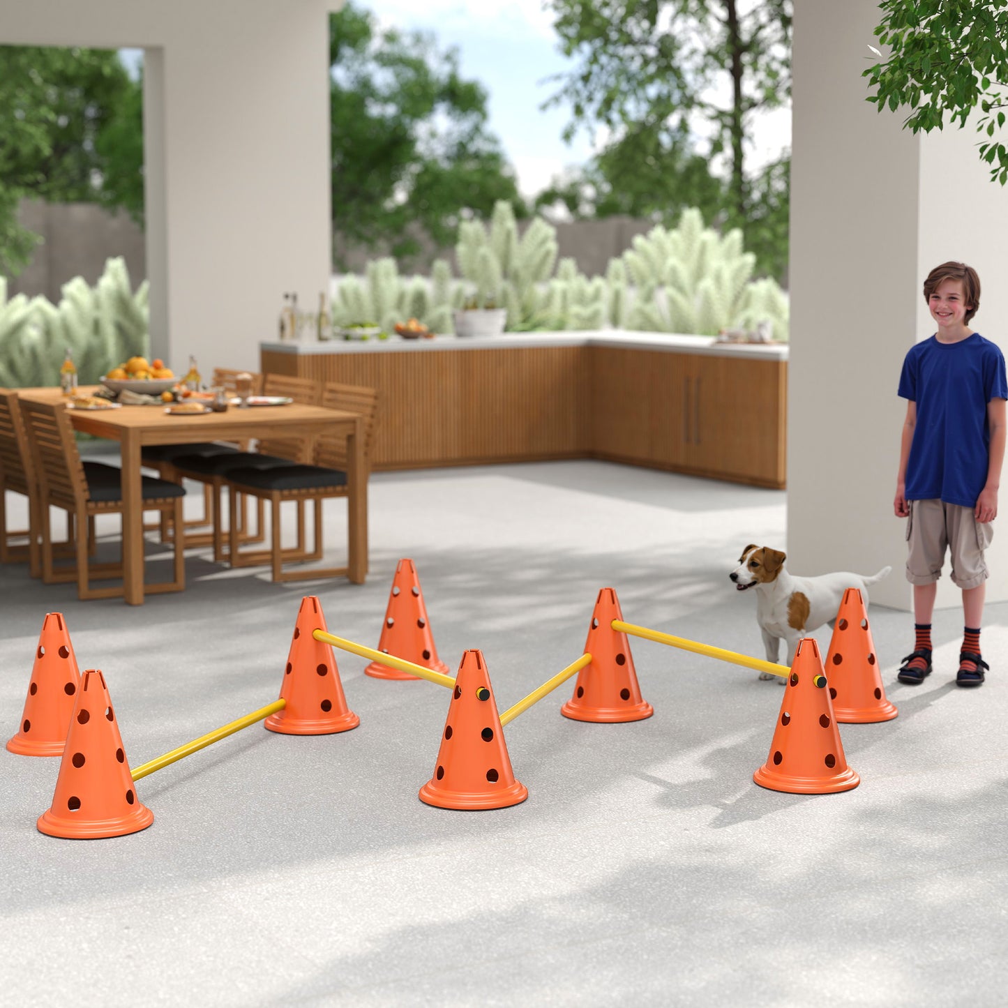 Dog Agility Equipment Set of Eight Cones, Eight Poles w/ Carry Bag, Four-Piece Adjustable Height Jumping Obstacles