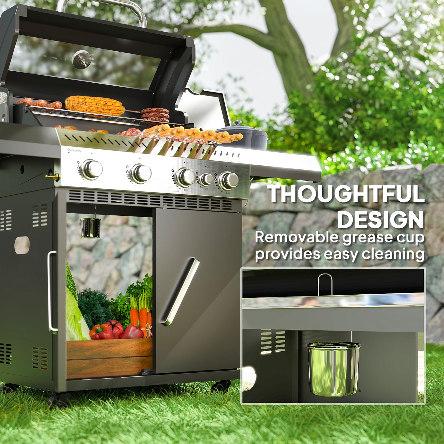 4+1 Burner Gas BBQ Grill with Clear View Lid, Portable Gas Barbecue Grill with Built-in Thermometer, Side Table, Cabinet