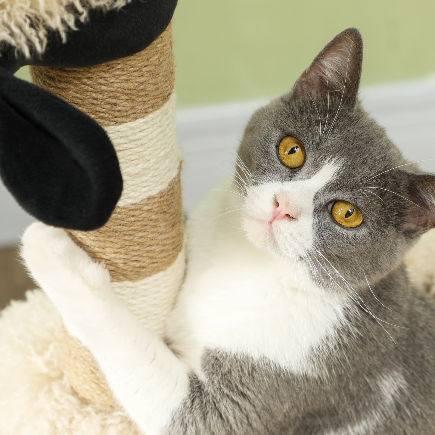 Cat Tree Sheep Design, 98 cm Multi-Level Cat Tower with Scratching Posts, Tunnel & Play Ball, Light Brown