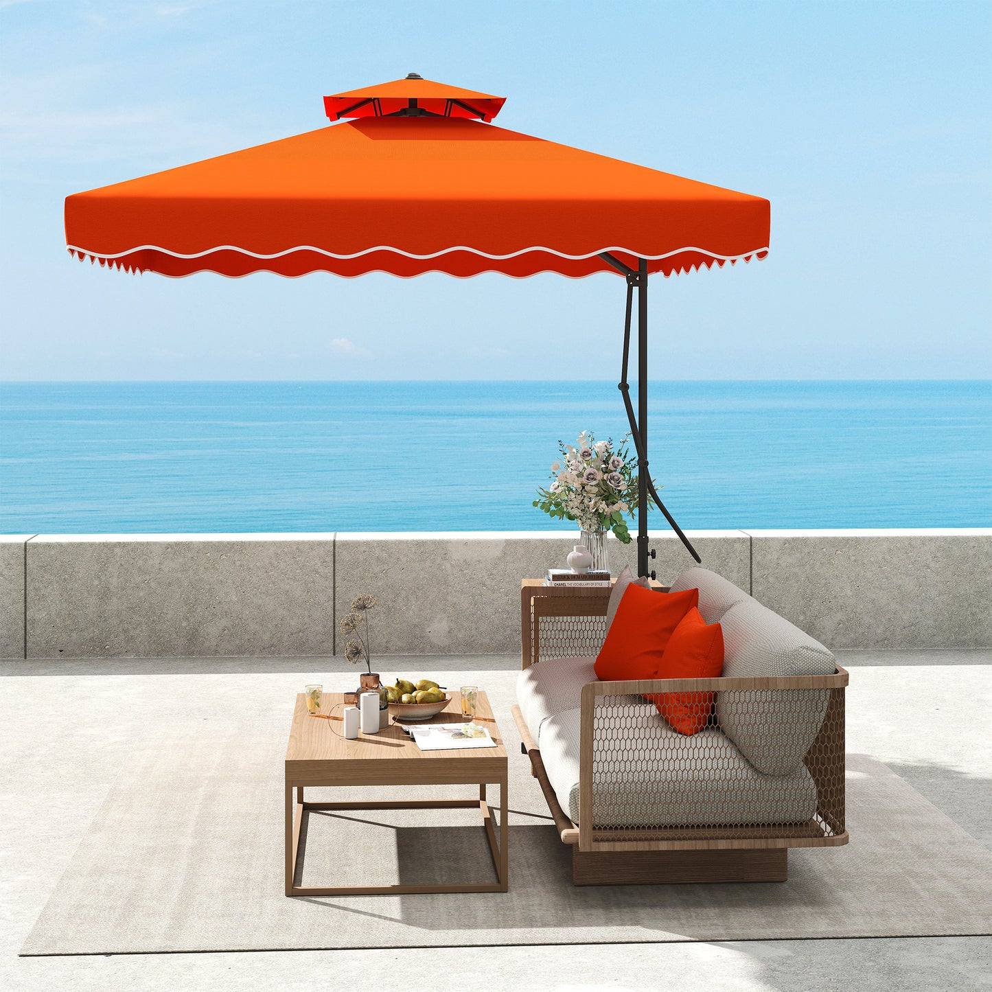 2.5m Cantilever Parasol with Easy Lever, Square Double Top Garden Parasol Umbrella with Ruffles and Cross Base
