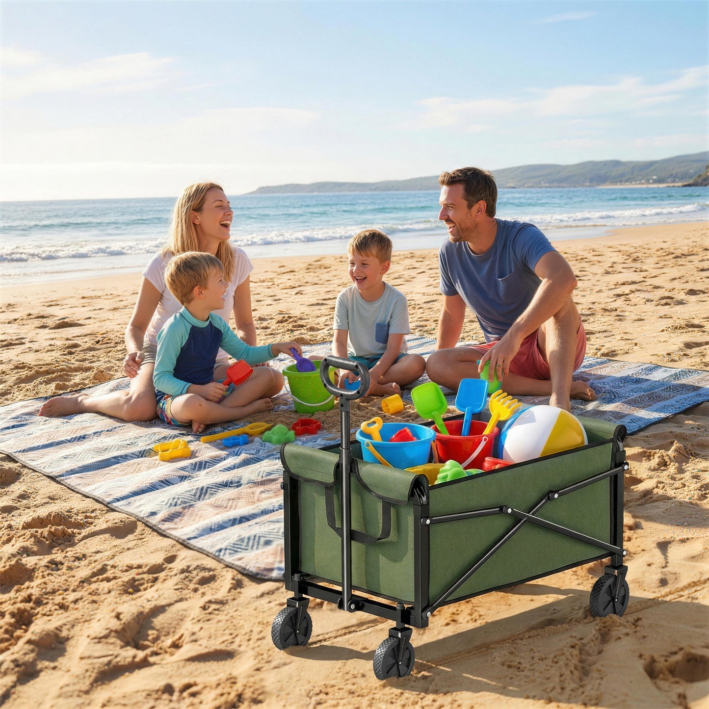 81L Festival Trolley on Wheels, Compact Garden Folding Trolley Cart with Adjustable Handle 80L Green