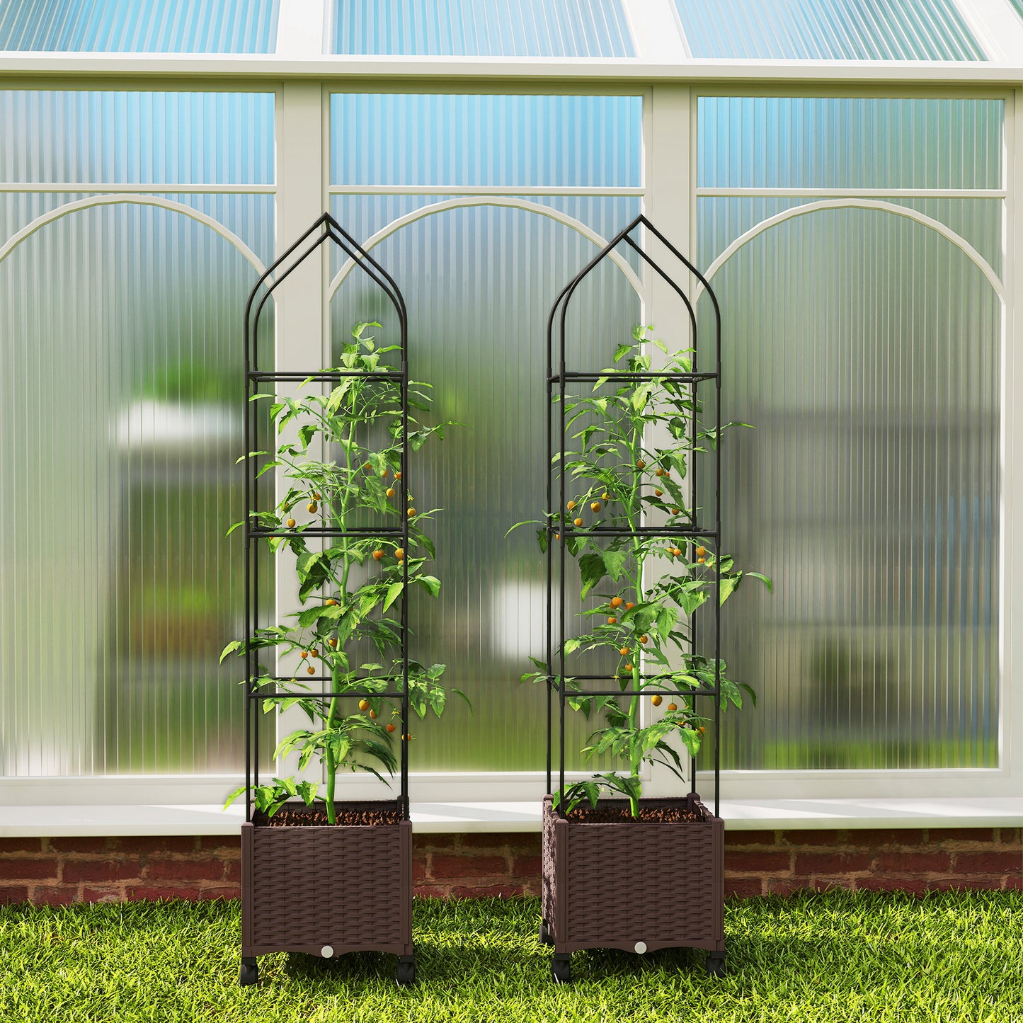 Raised Garden Bed with Trellis, Tomato Cage with Lockable Wheels, Self Watering Planter Box with Drainage Holes, Brown