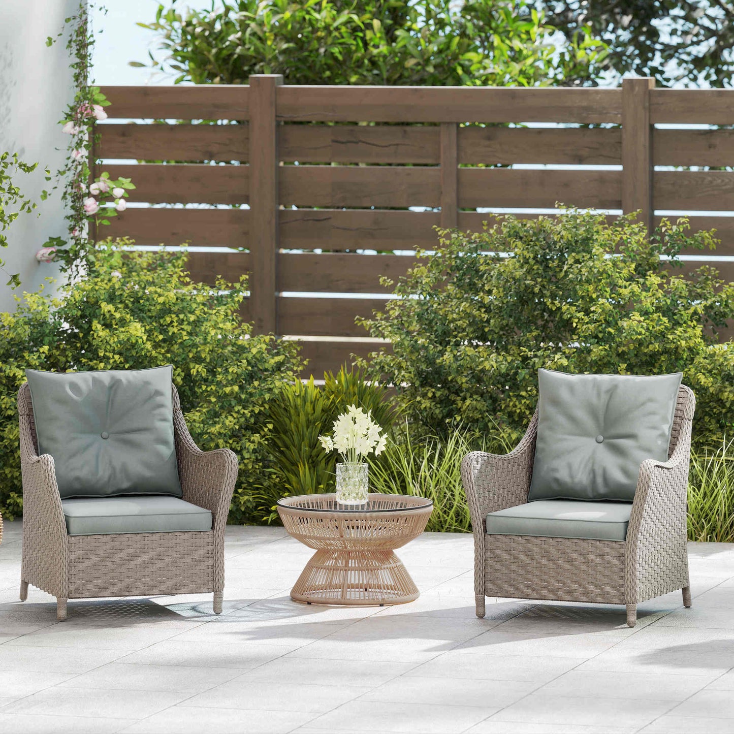 Rattan Garden Chairs Set of 2, Outdoor Rattan Chairs with Cushions, Armrests and High Back