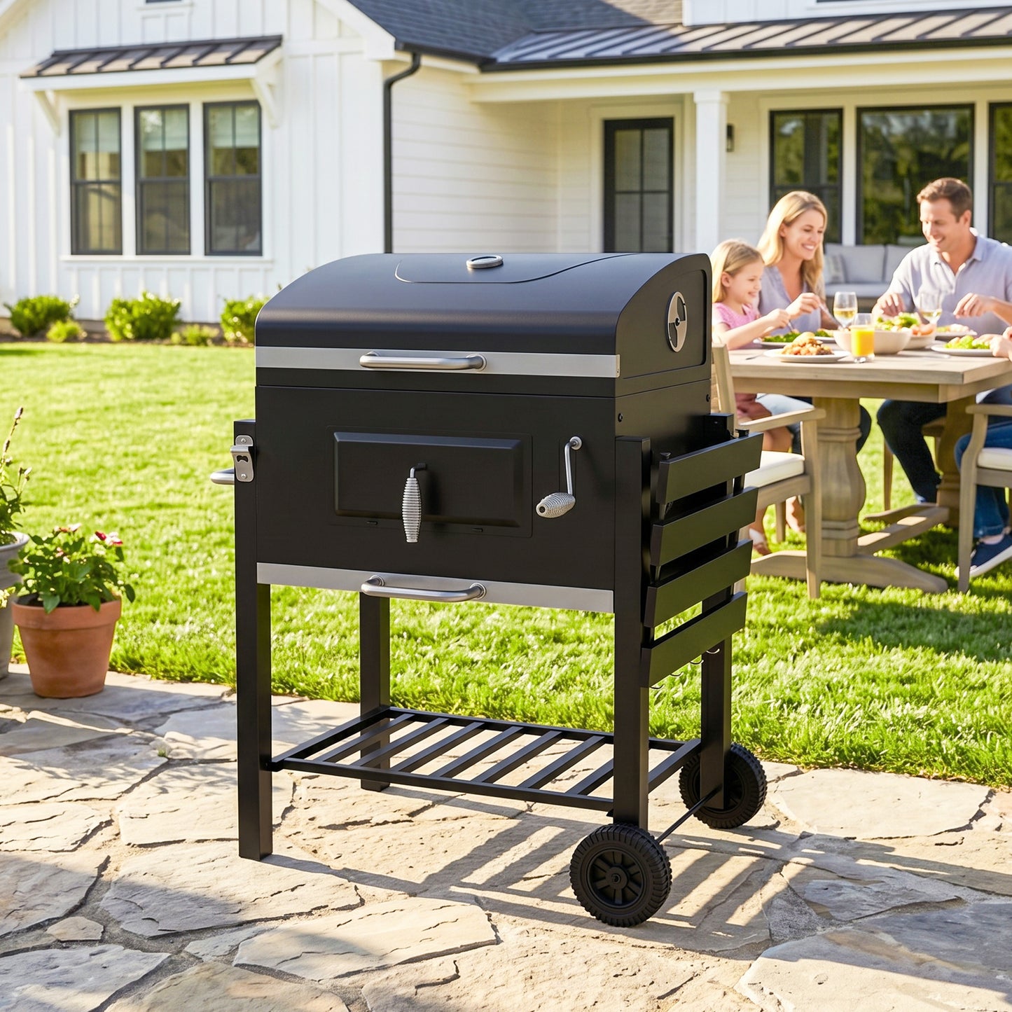 Charcoal Grill, with Height-Adjustable Coal Pan - Black