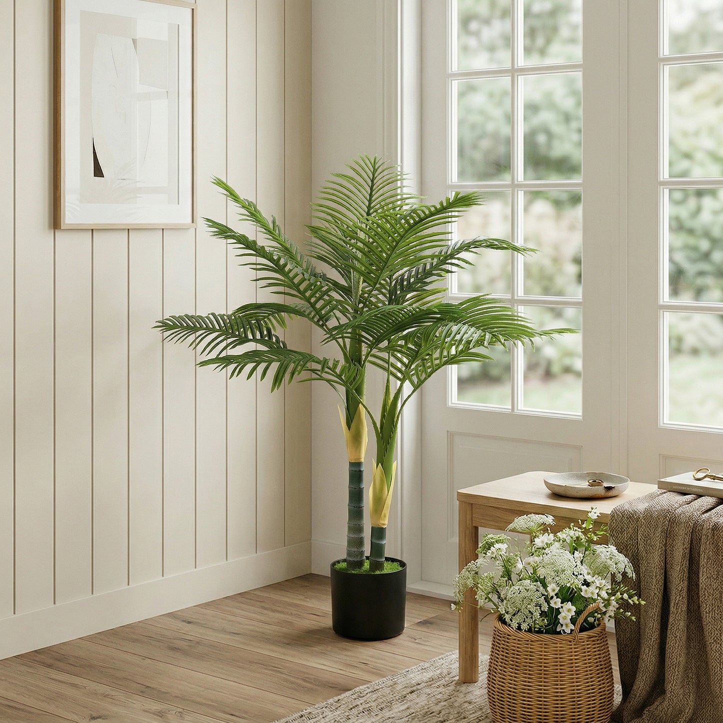 Artificial Palm Tree with 14 PEVA Leaves, 120cm Decorative Artificial Plant with Pot and Moss Effect, Green