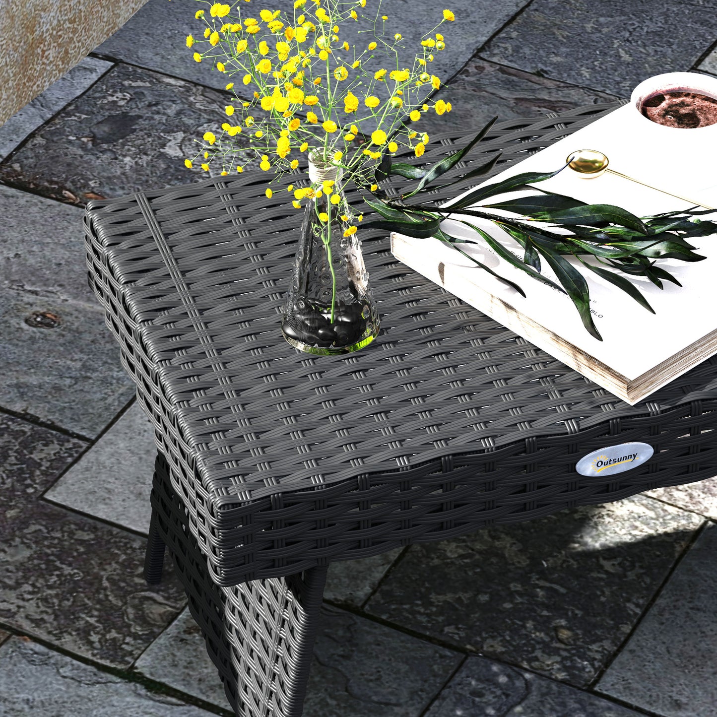Foldable Outdoor Side Table, Rattan Garden Coffee Table with Steel Frame, Space Saving Bistro Garden Furniture for Patio