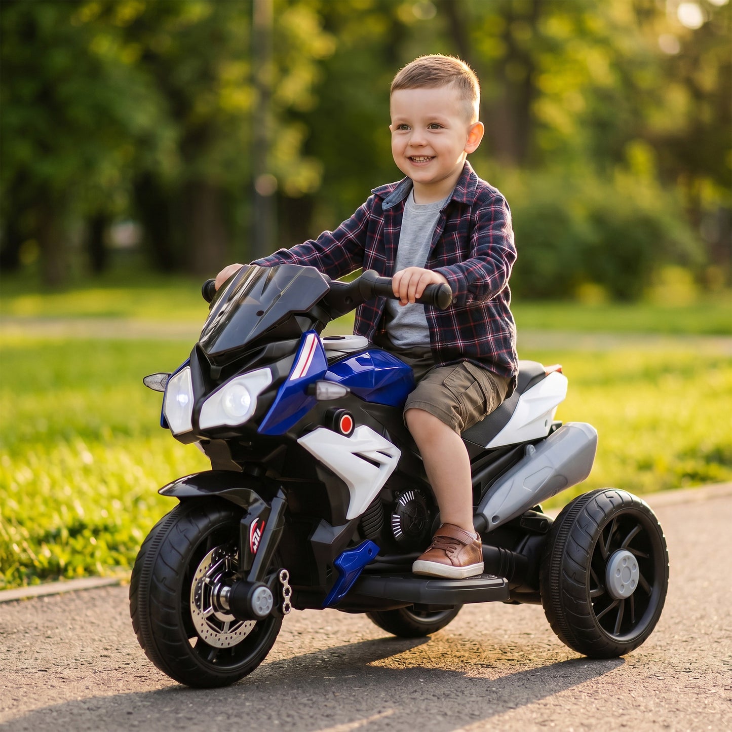 Kids Electric Motorcycle, 6V Ride on Motorcycle with 3 Wheels, LED Headlight, Music, Horn for Boys Girls 3-5 Y, Blue