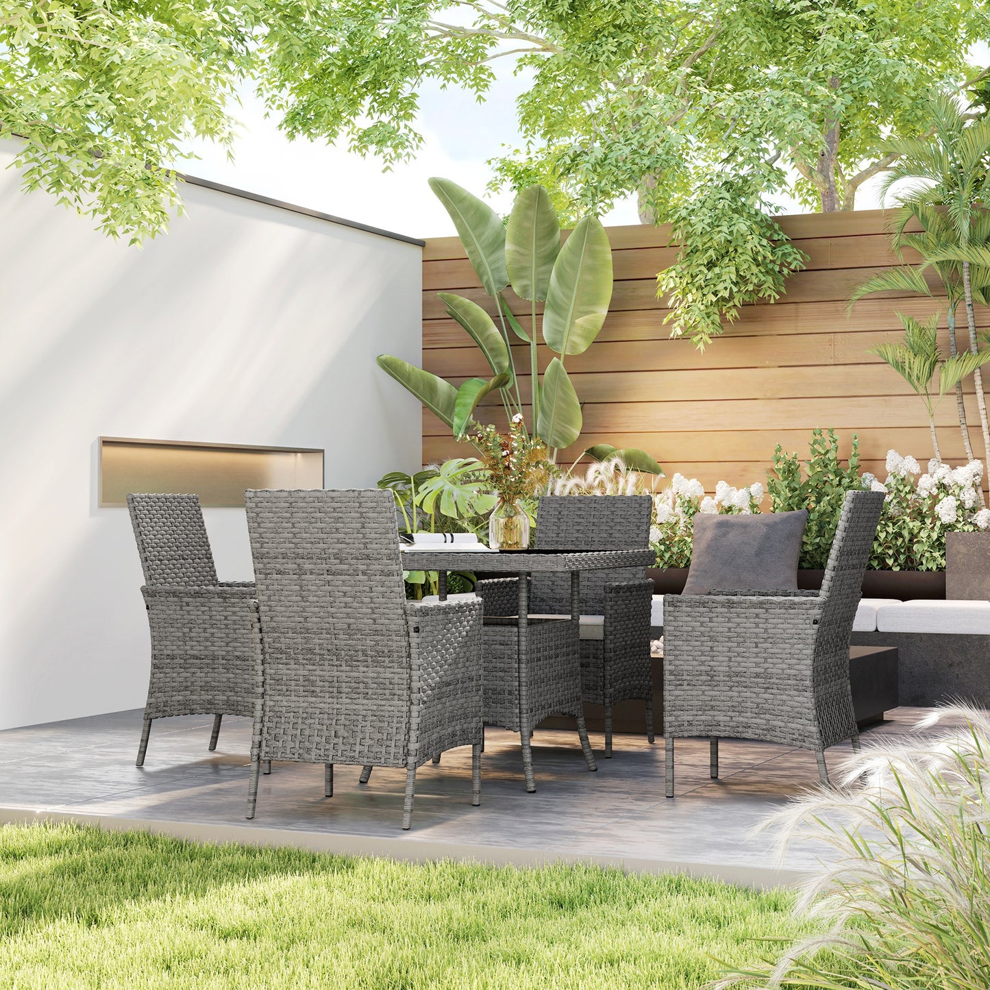 Rattan Garden Furniture Set, Outdoor Dining Table and Chairs 4 Seater with Cushions, Square Tempered Glass Top, 4 Armchairs
