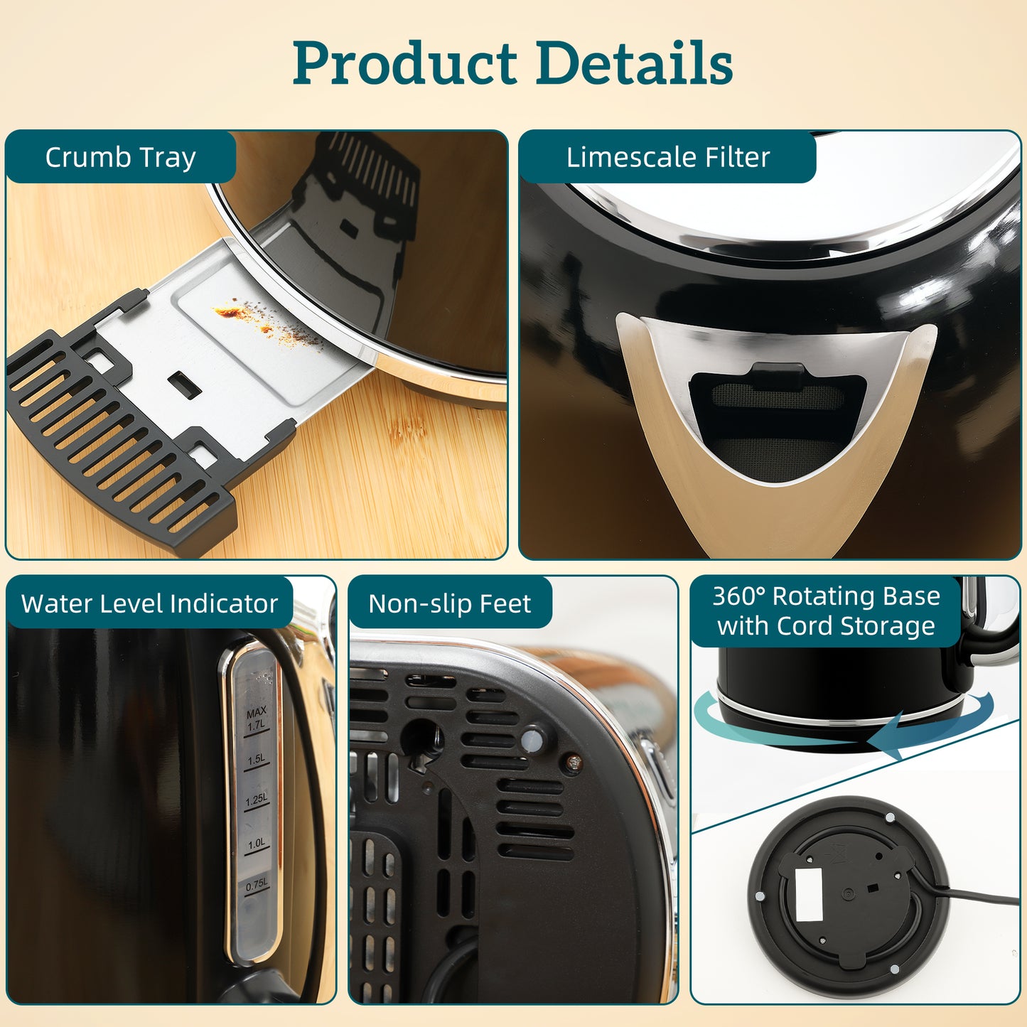 Polished Retro 40-100°C Kettle and Toaster Set - Black