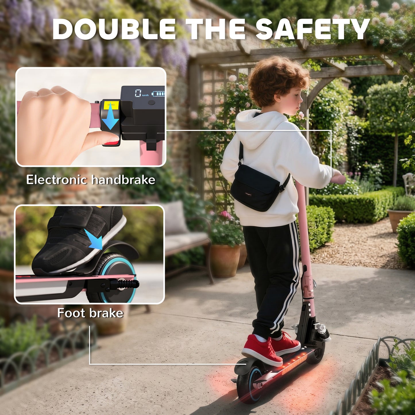 Folding Electric Scooter for Kids, with Dual Brakes, Front Suspension, LED Colourful Lights, Pink