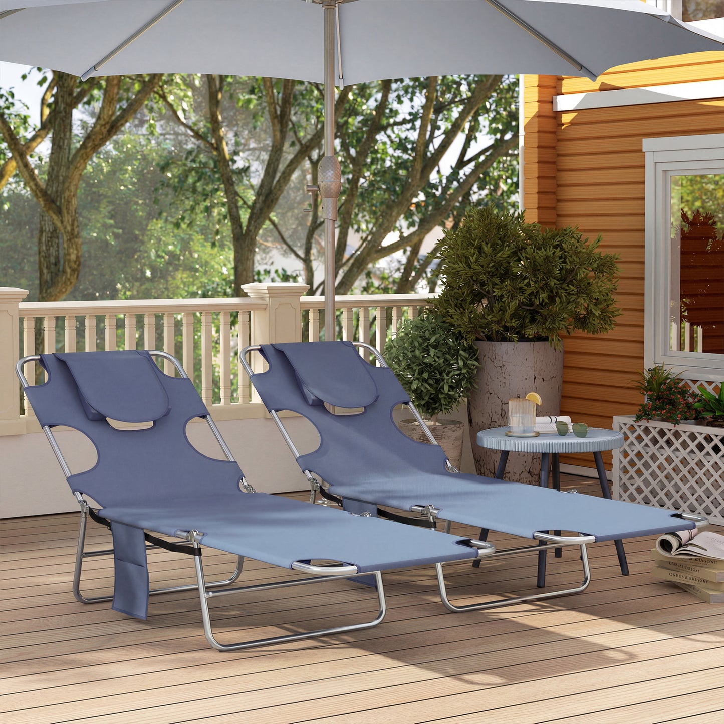 5-Position Adjustable Sun Loungers Set of 2 with Reading Hole and Side Pocket, Grey