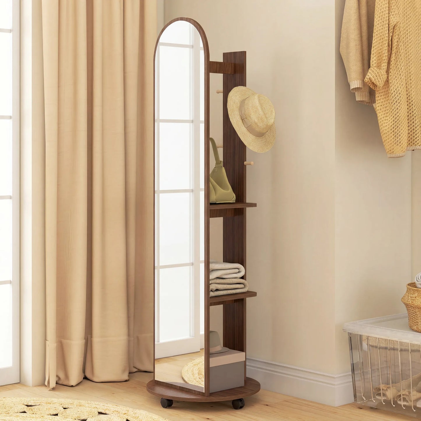 2-in-1 Full Length Mirror with Storage Shelves, Floor Mirror with 4 Wheels, Coat Rack, Hooks, Brown Wood Effect