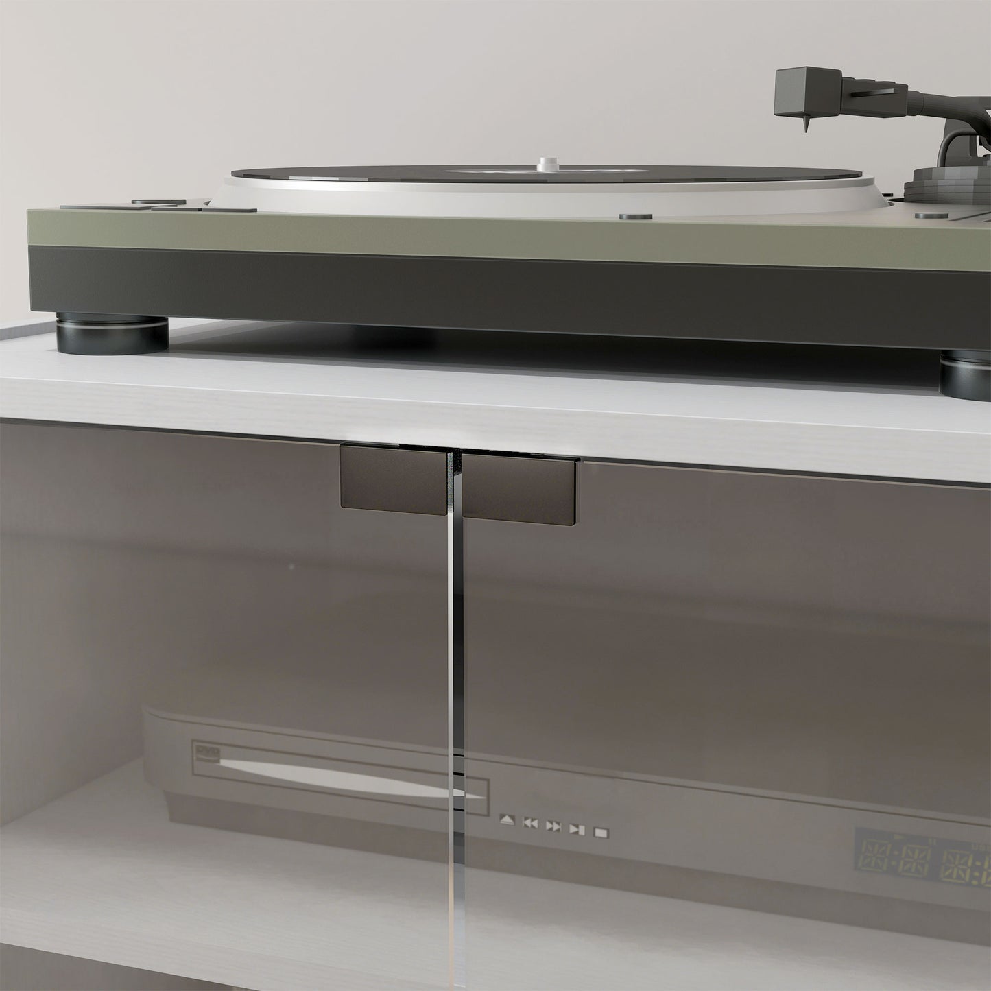 4-Tier Hi-Fi Stand, Record Player Stand with Adjustable Shelves and Push-to-Open Glass Doors, White Wood-Effect