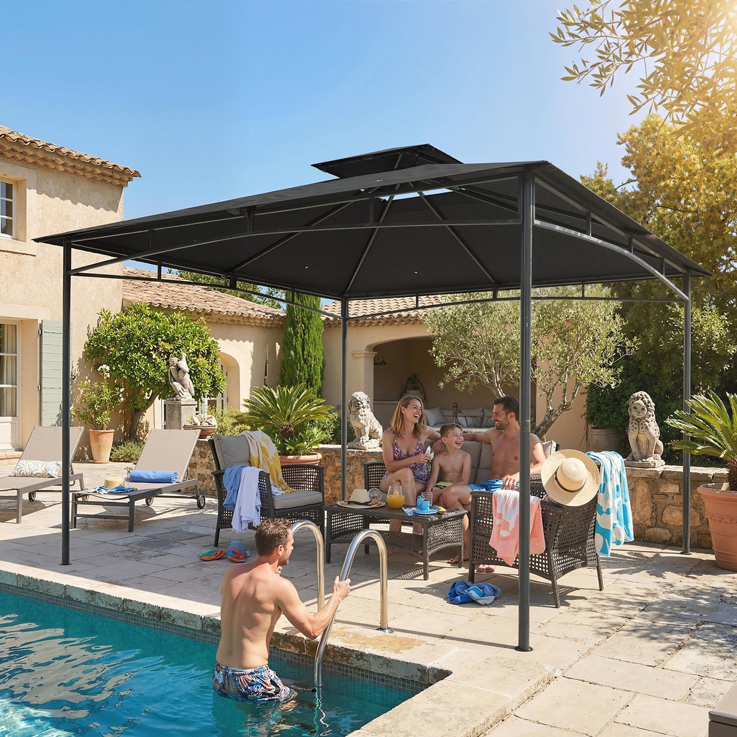 3 x 3 m Gazebo, Garden Gazebo with 2-Tier Roof, Metal Frame, Dark Grey