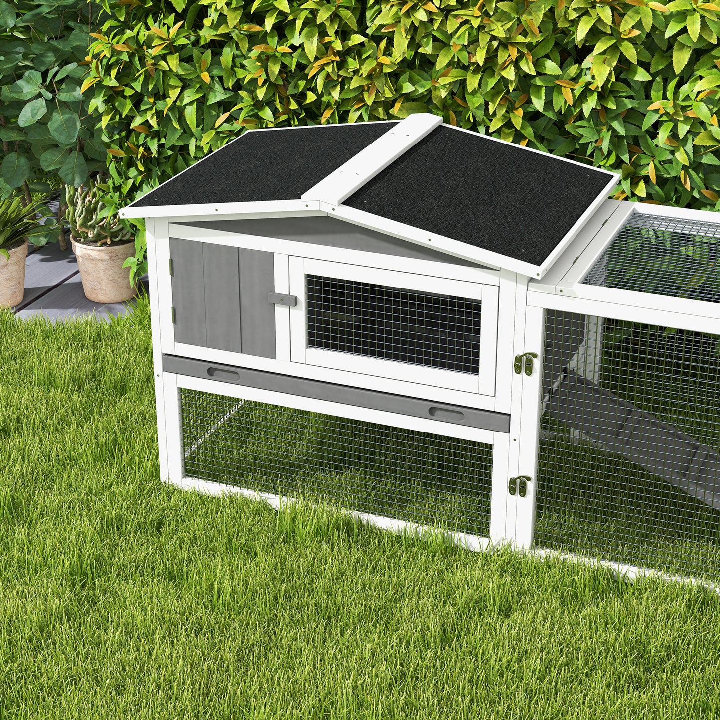 Rabbit Hutch with Run Wooden Guinea Pig Hutch Outdoor Bunny Cage Hide House with Sliding Tray, Hay Rack, Ramp