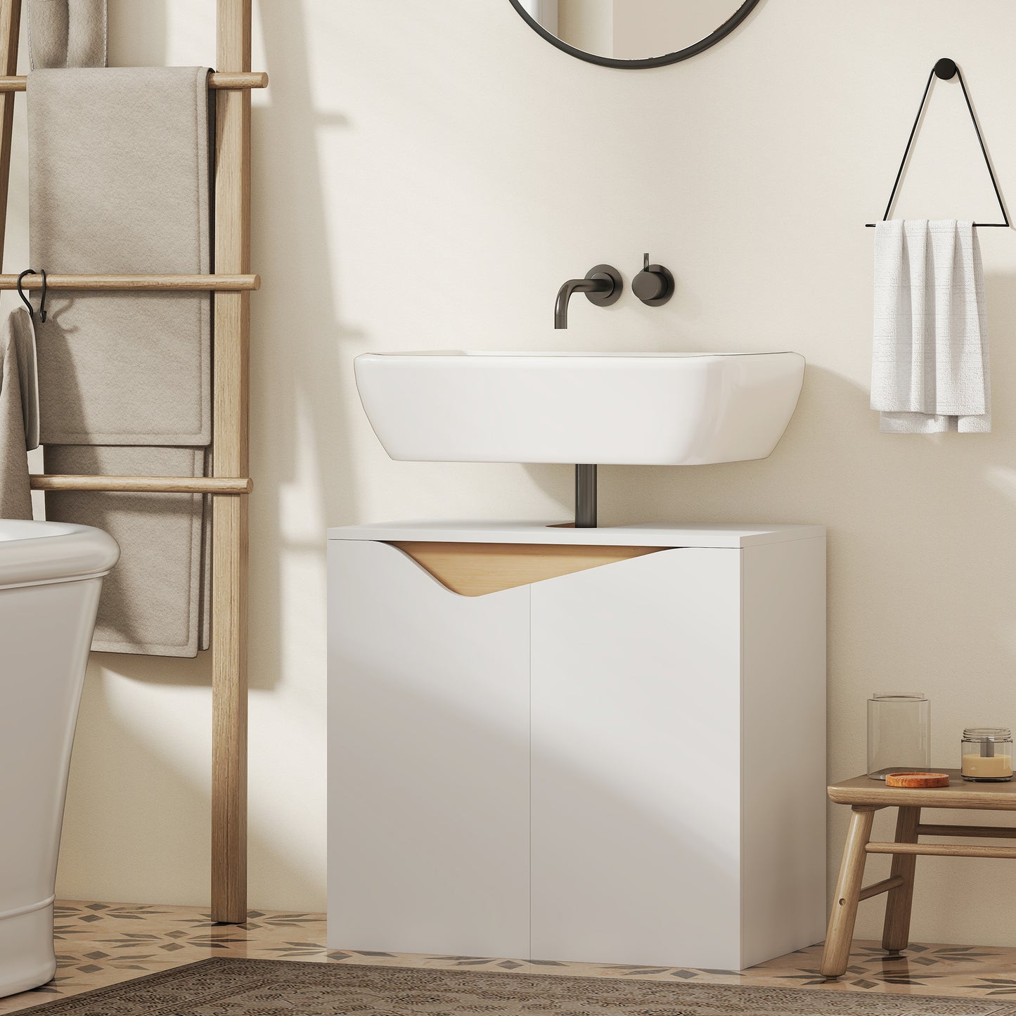 Under Sink Bathroom Cabinet, Bathroom Storage Cabinet with Soft-Close Doors, for Basin without Pedestal, White