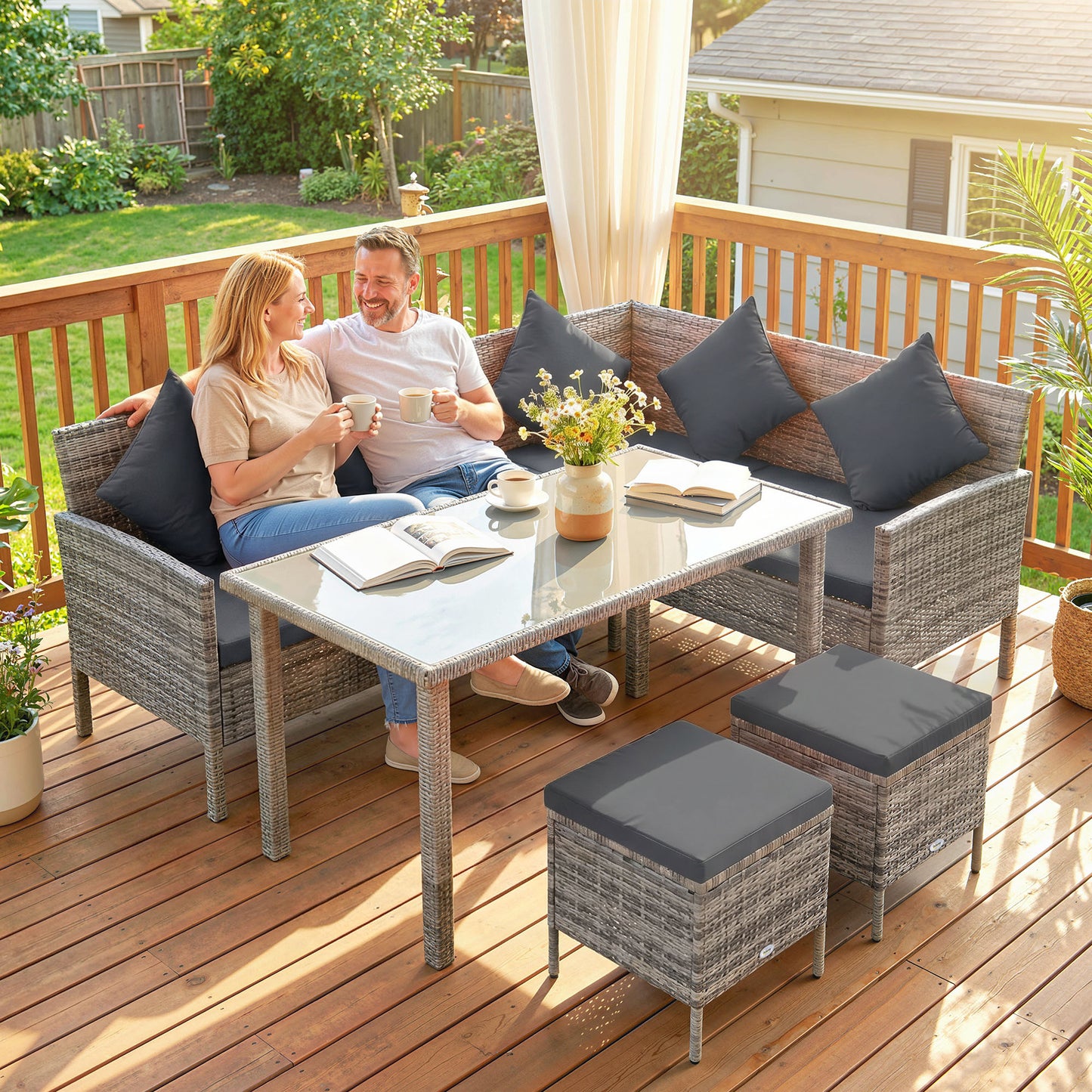 tsunny 6-Seater Rattan Dining Set Sofa Table Footstool Outdoor w/ Cushion Garden Furniture, Dark Grey