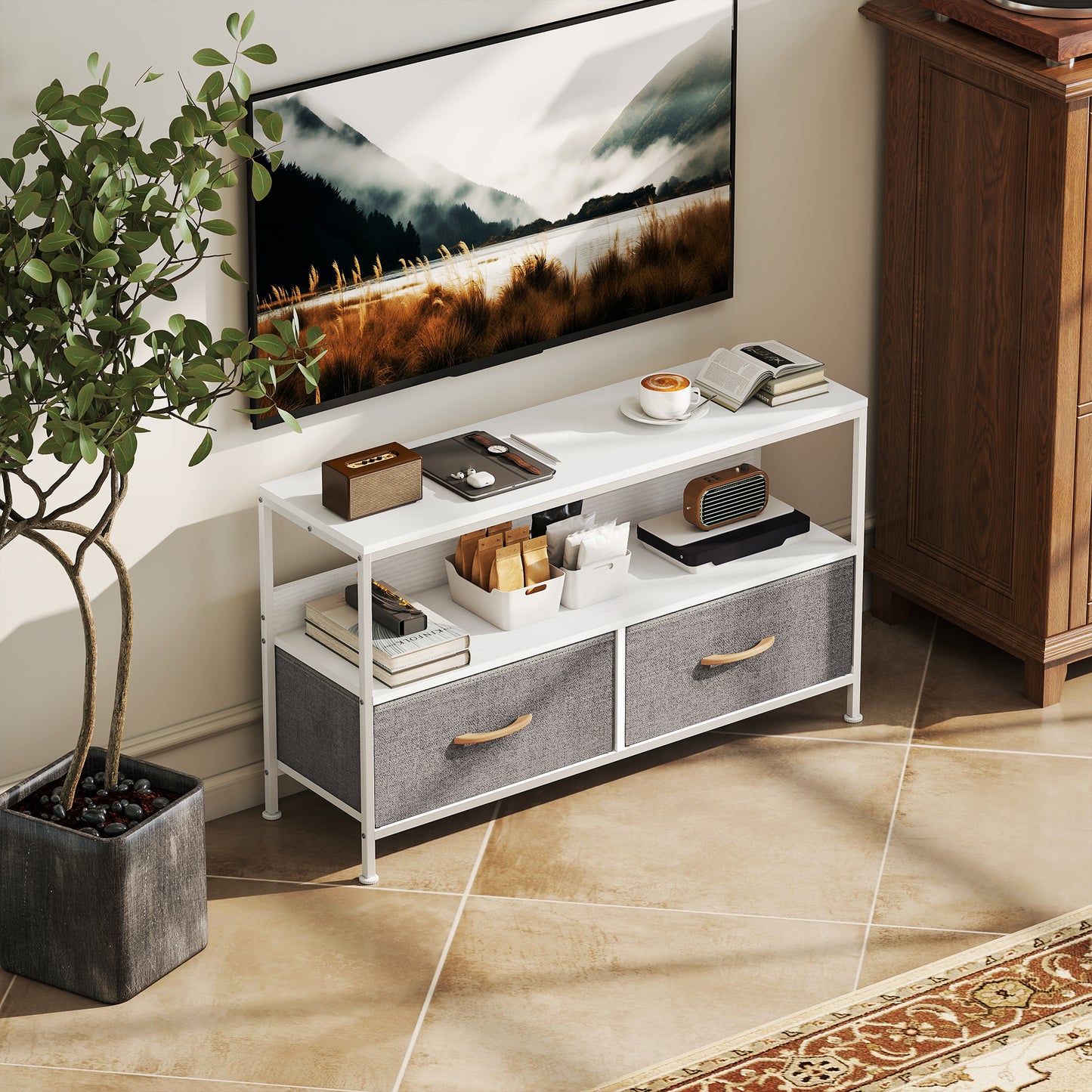 TV Stand Cabinet with 2 Foldable Drawers - White