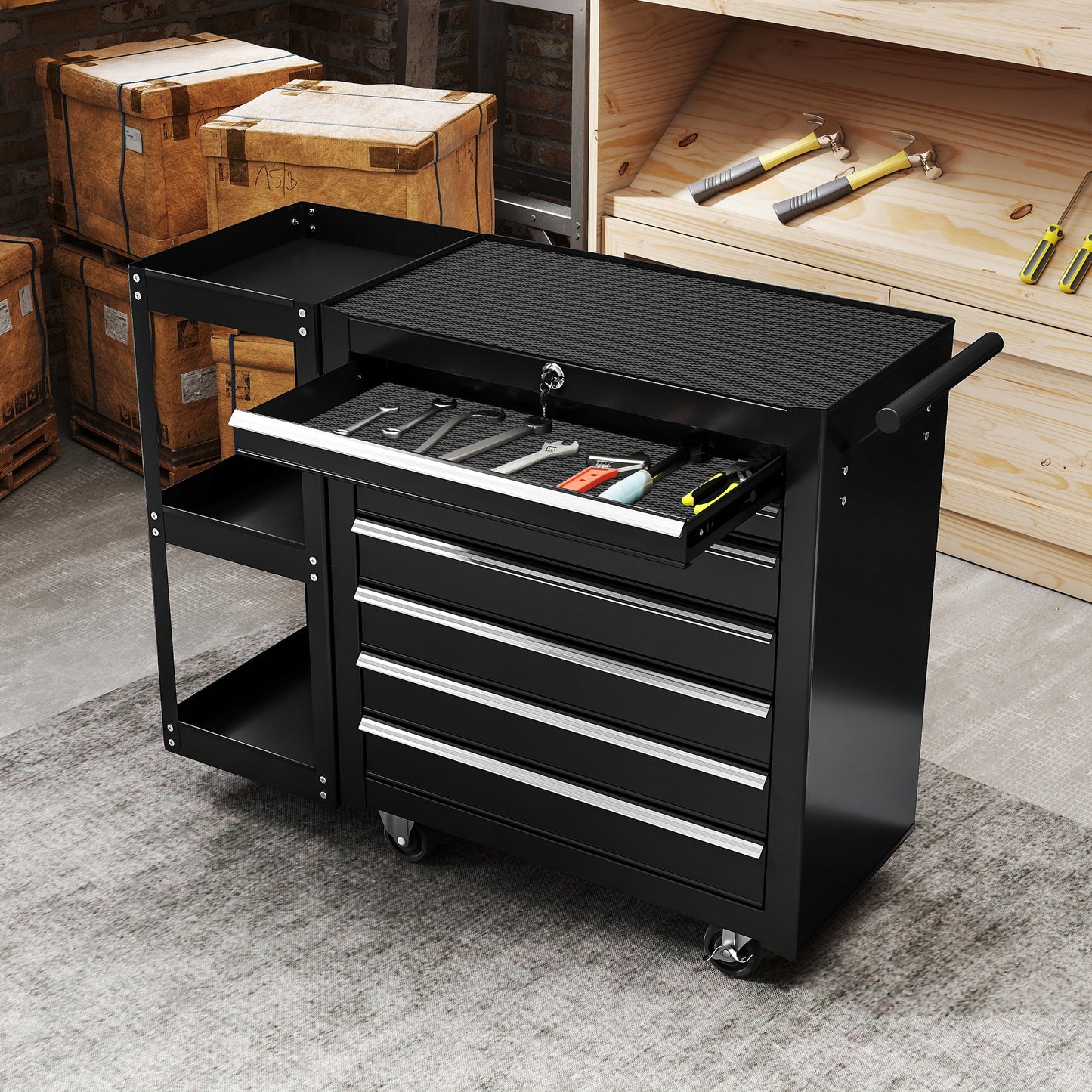 Lockable Steel Tool Chest on Wheels, 7 Drawer Tool Box with Handle for Workshop, Garage, Black