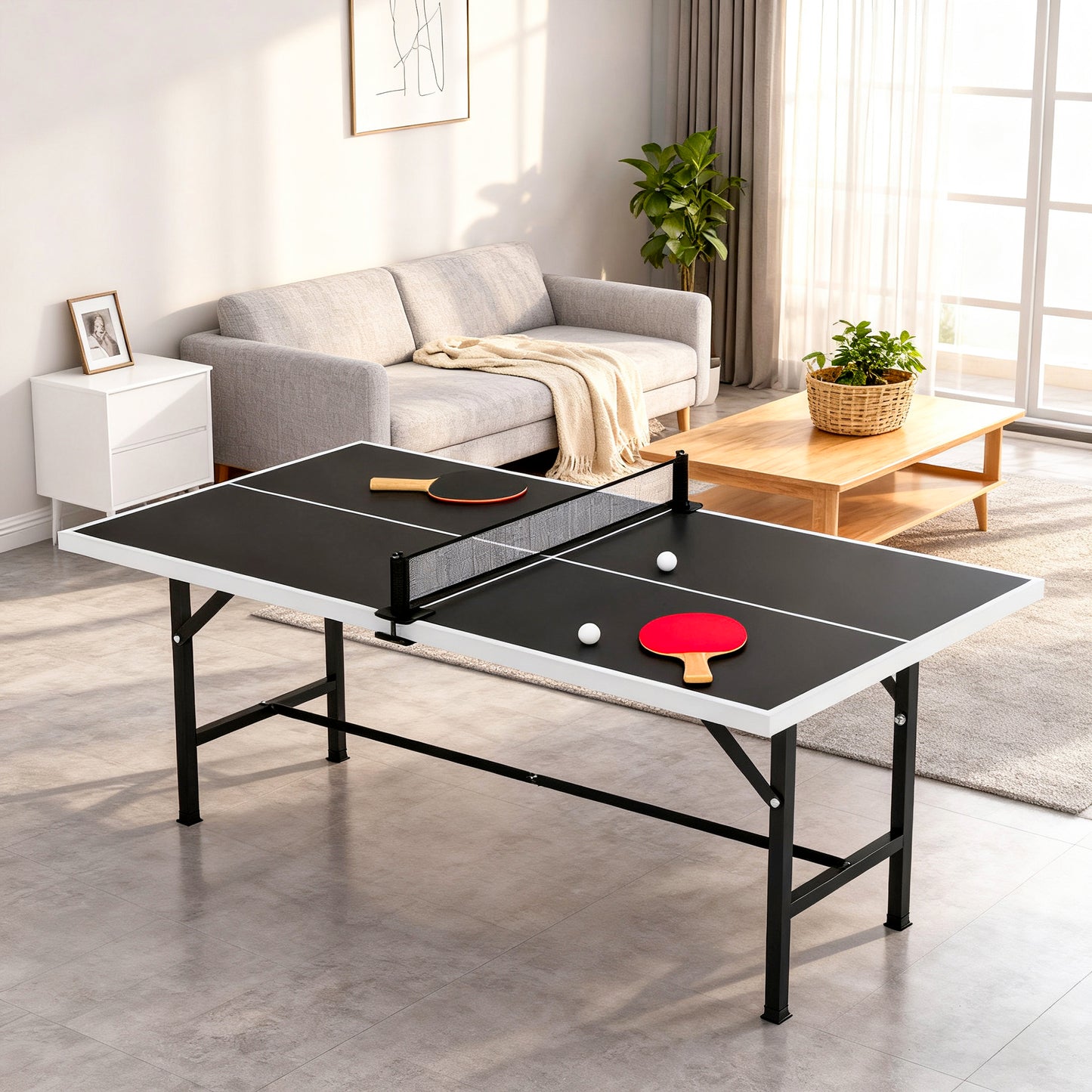 5ft Mid-Size Table Tennis Table, Ping Pong Table with Net, 2 Table Tennis Paddles and 3 Balls for Indoor Game, Black