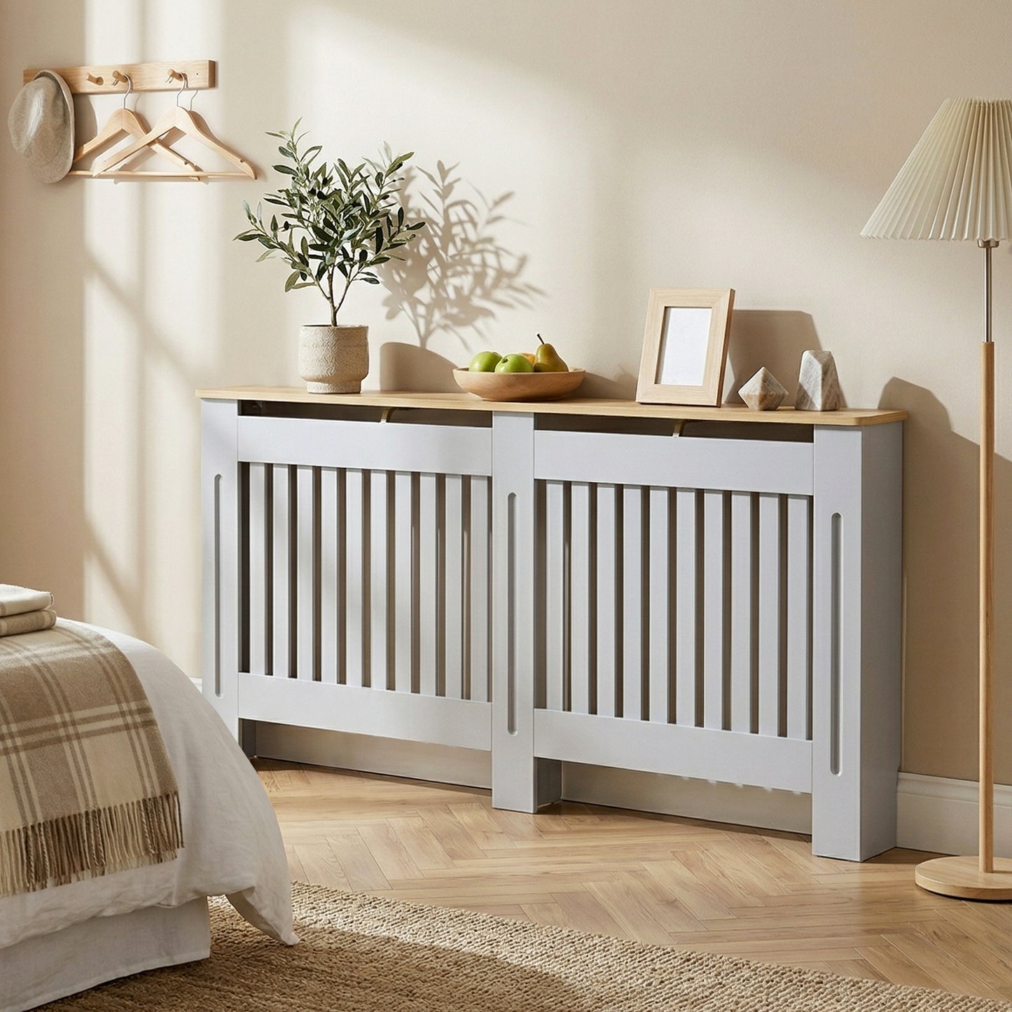 Slatted Radiator Cover, Painted Cabinet with Line Grill Design, 172L × 19W × 81H cm, Grey
