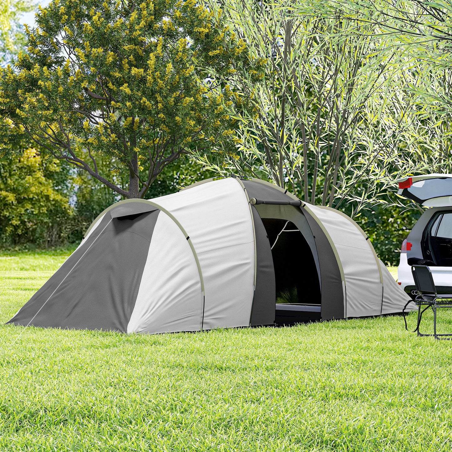 Four-Man Tunnel Tent, with Two Bedrooms and Living Room - Grey/Yellow