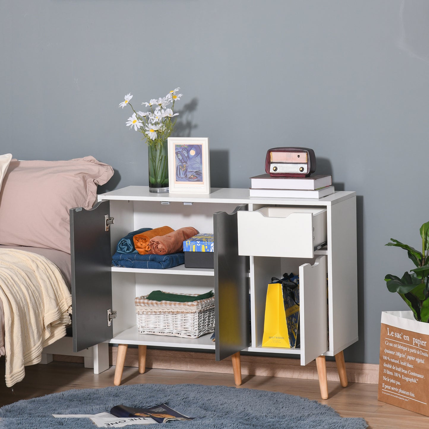 Sideboard Floor Standing Storage Cabinet with Drawer and Solid Wood Legs for Bedroom, Living Room, Home Office, Grey