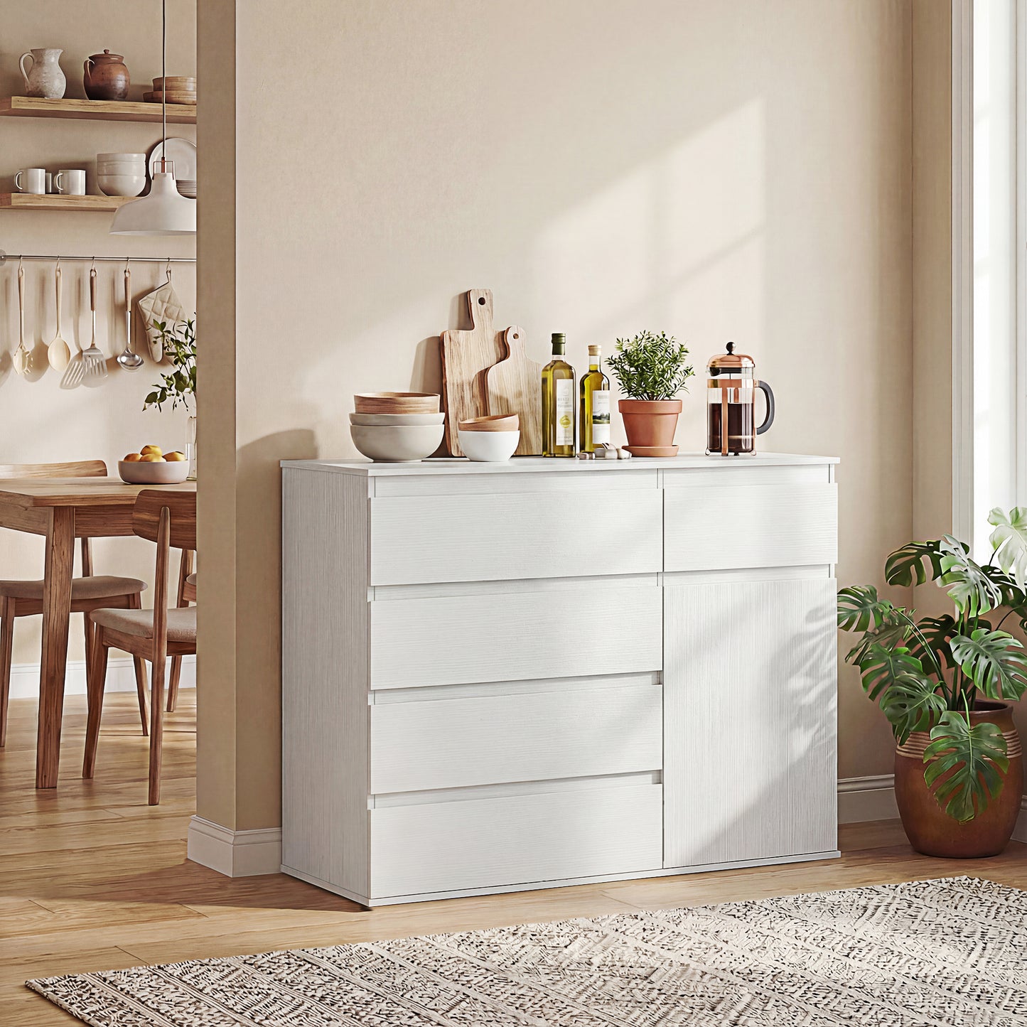 Modern Chest Of Drawers, 5 Drawer Dresser with Adjustable Shelf, Soft-Close Door, White