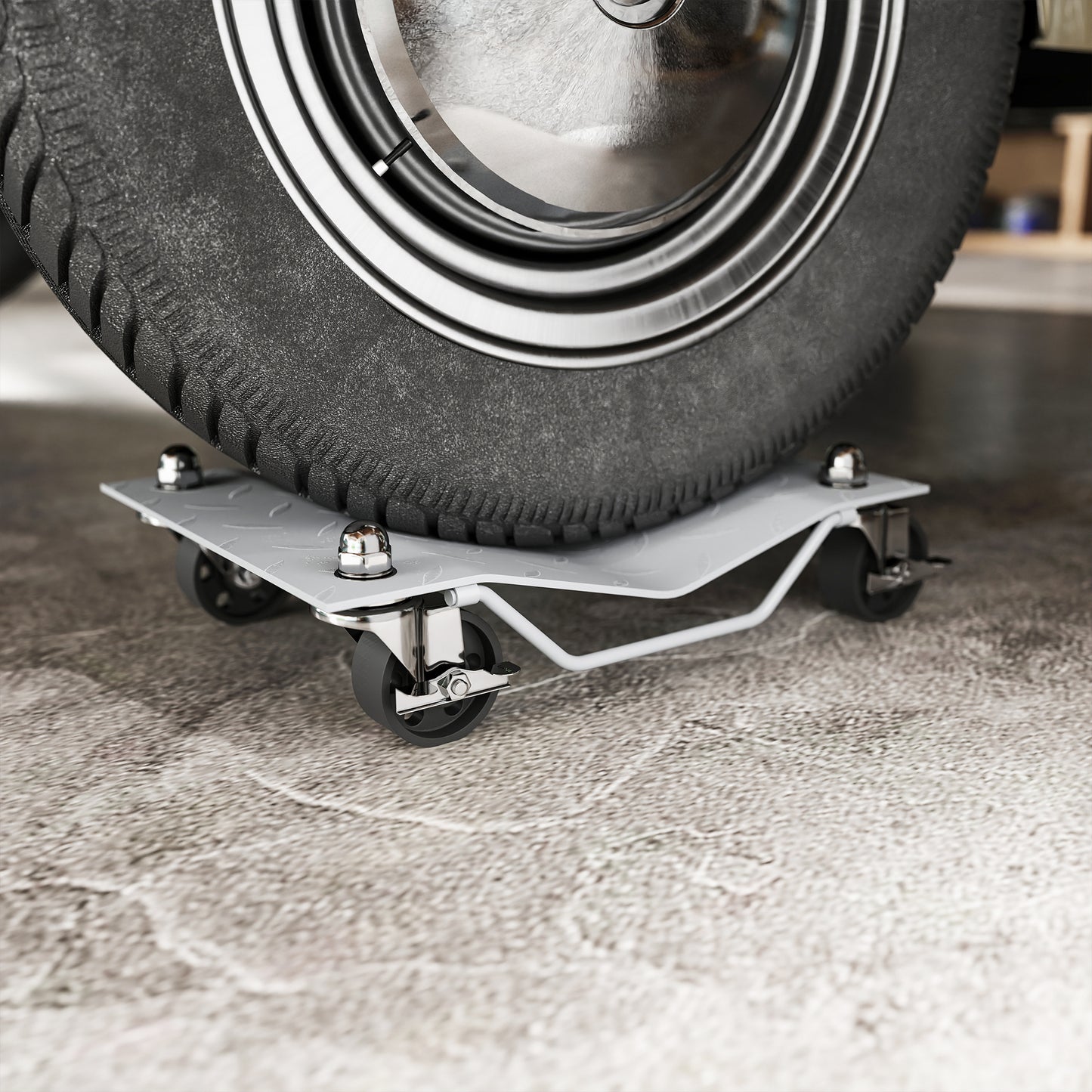 Two-Piece Car Wheel Dolly with Swivel Casters, Non-Slip Metal Plates, 680kg Capacity, Grey