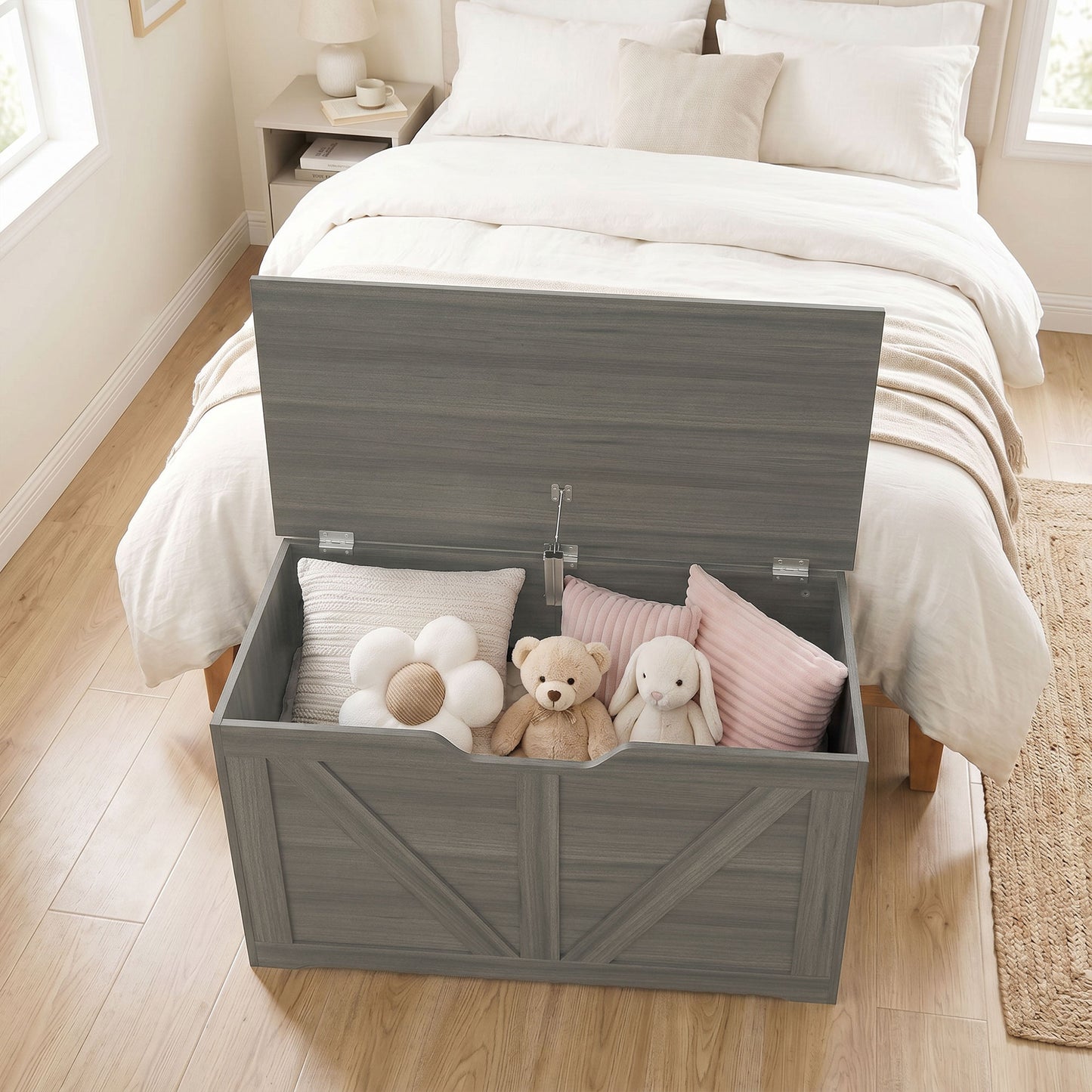 100L Home Storage Box, with Safety Hinge - Dark Grey Wood-Effect