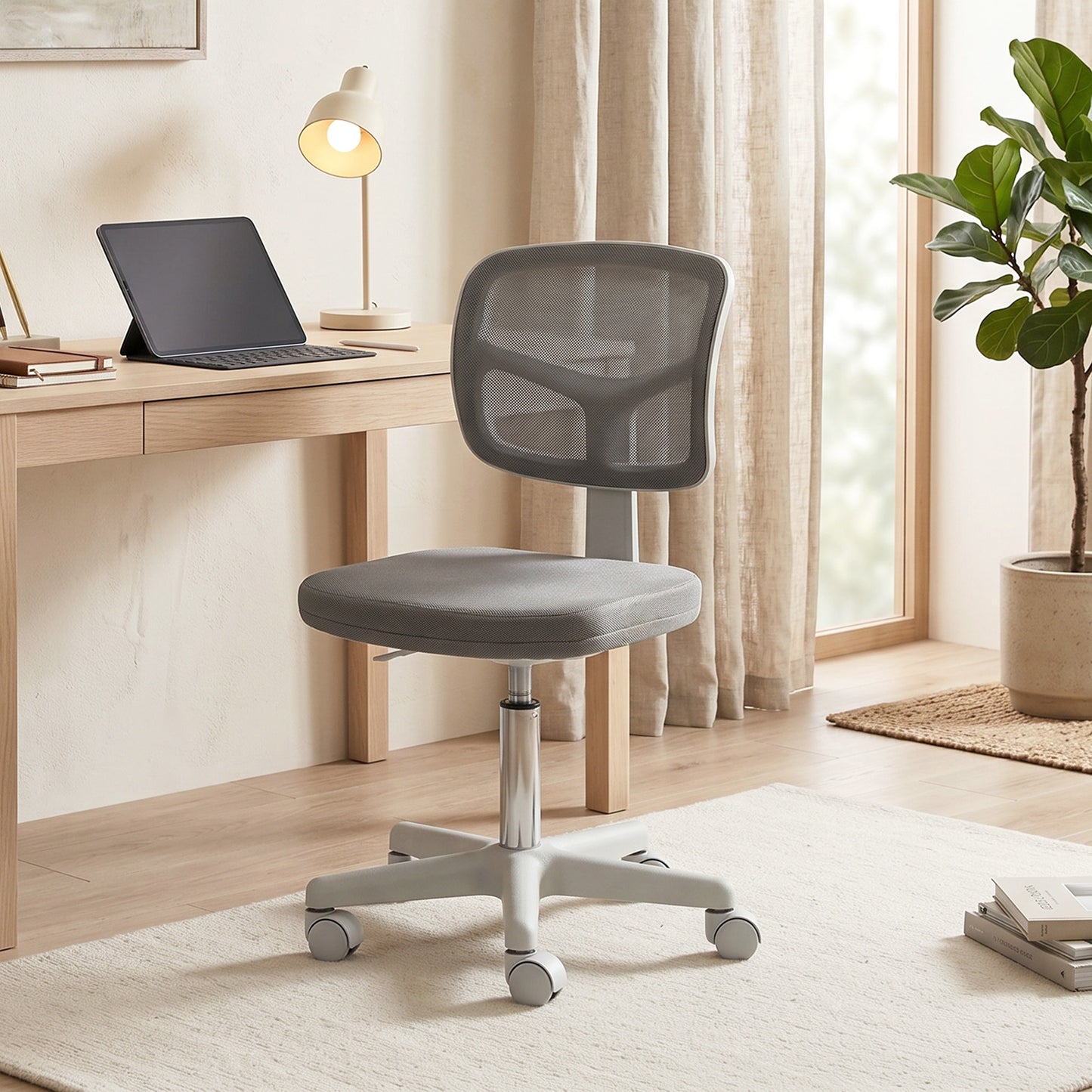 Small Office Chair without Arms, Ergonomic Swivel Mesh Desk Chair with Curved Back, Dark Grey