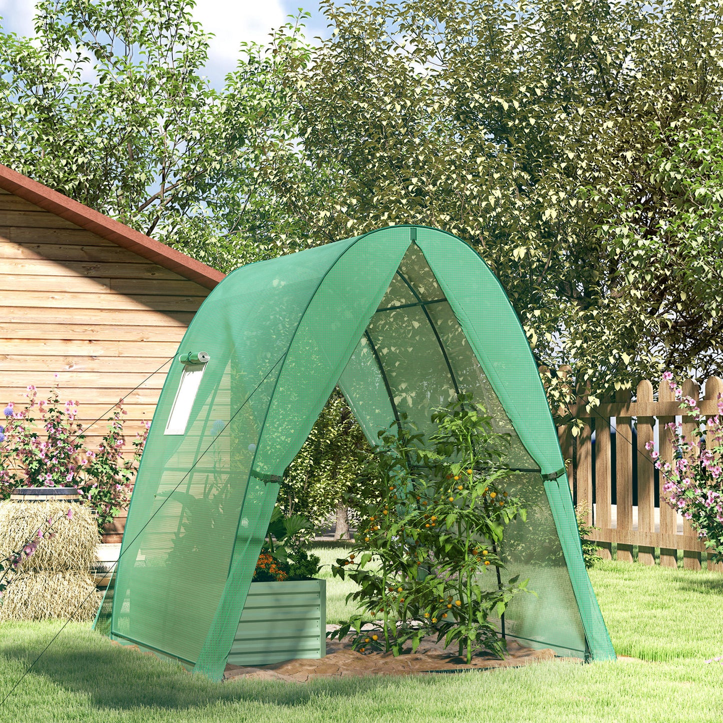 Polytunnel Greenhouse with Sandbags, Walk-In Tunnel Green House with 2 Doors and Screen Windows, 1.8 x 1.8 x 2m, Green