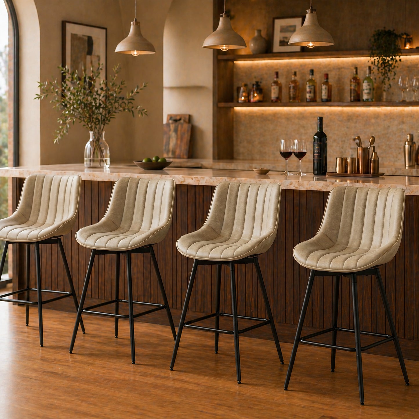 Set of 2 PU Leather Swivel Bar Stools - Light Brown