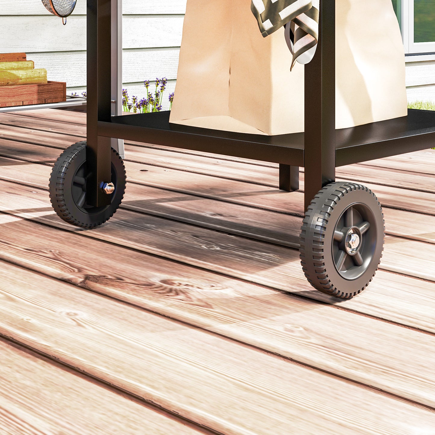 BBQ Trolley with Stainless Steel Top and Foldable Side Table, Outdoor Kitchen Barbecue Station with Hooks and Shelf