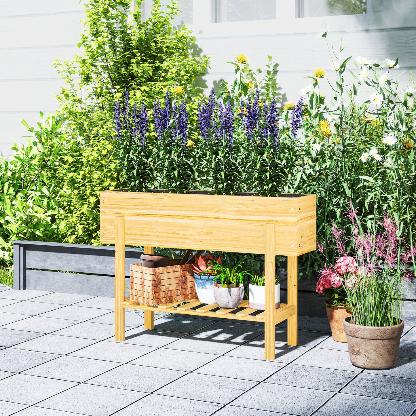 Wooden Raised Garden Bed, Elevated Planter Box with Bed Liner, Drainage Holes and Storage Shelf