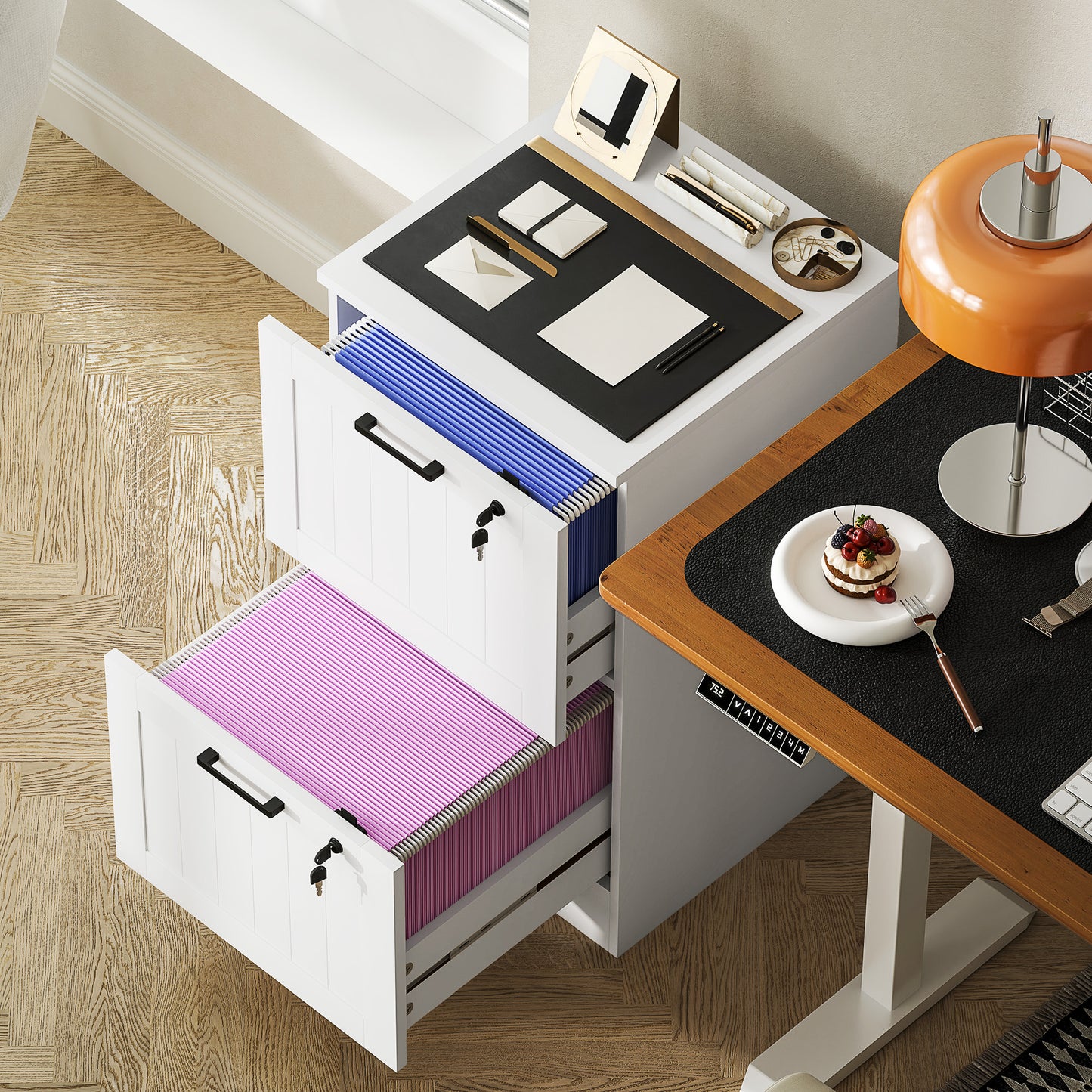 2 Drawer Filing Cabinet with Lock, Office Storage Cabinet with Adjustable Hanging Bars for A4 Letter Size Files, White