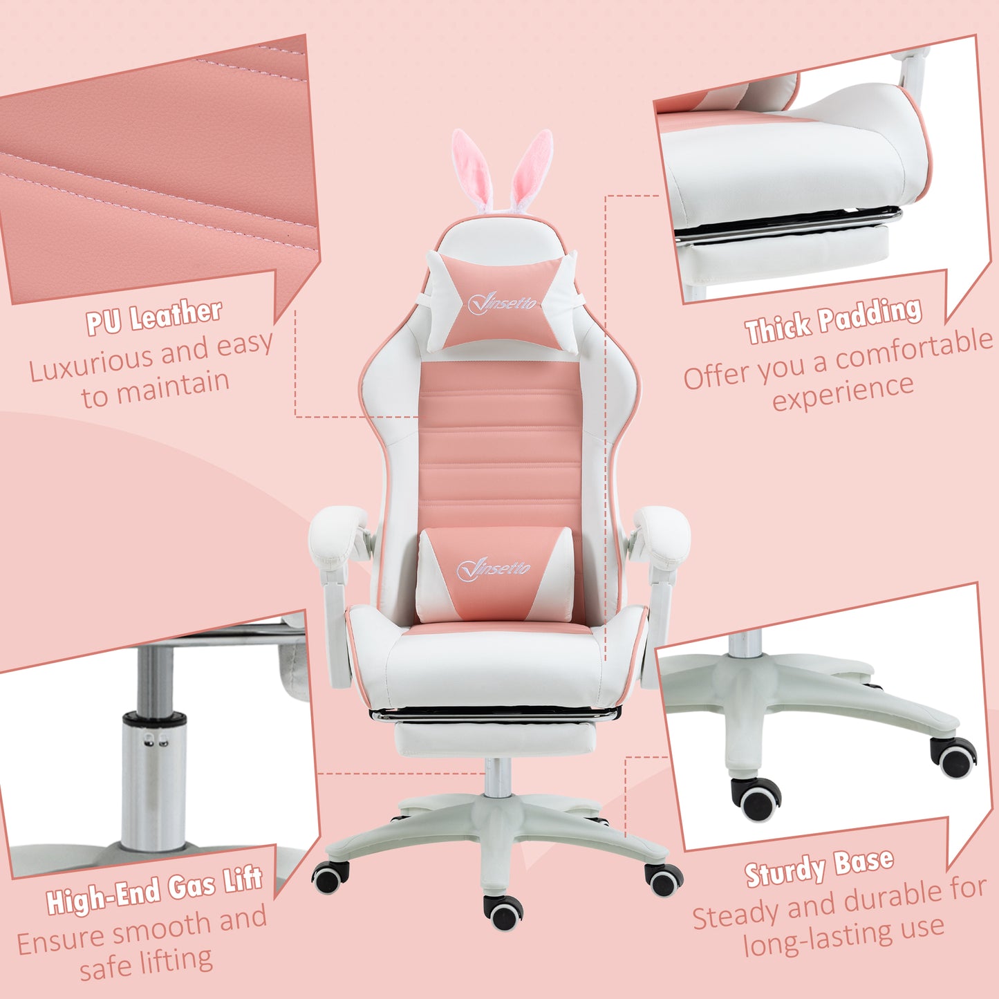 Racing Gaming Chair, Reclining PU Leather Computer Chair with Removable Rabbit Ears, Footrest, Headrest and Lumber Support