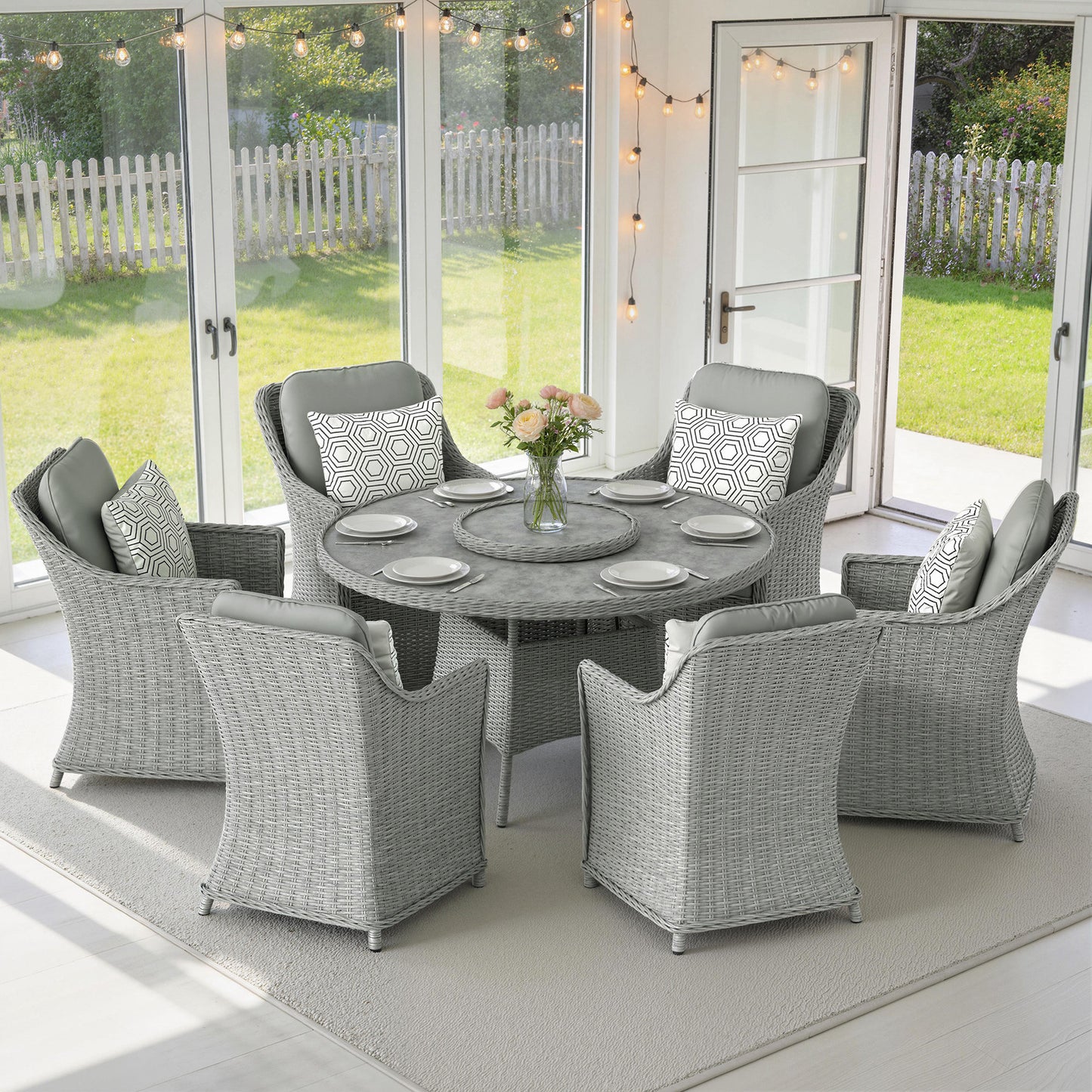 Rattan Garden Dining Set with Turntable, Marble Effect Glass Round Garden Table and Chairs with Aluminium Frame, Grey