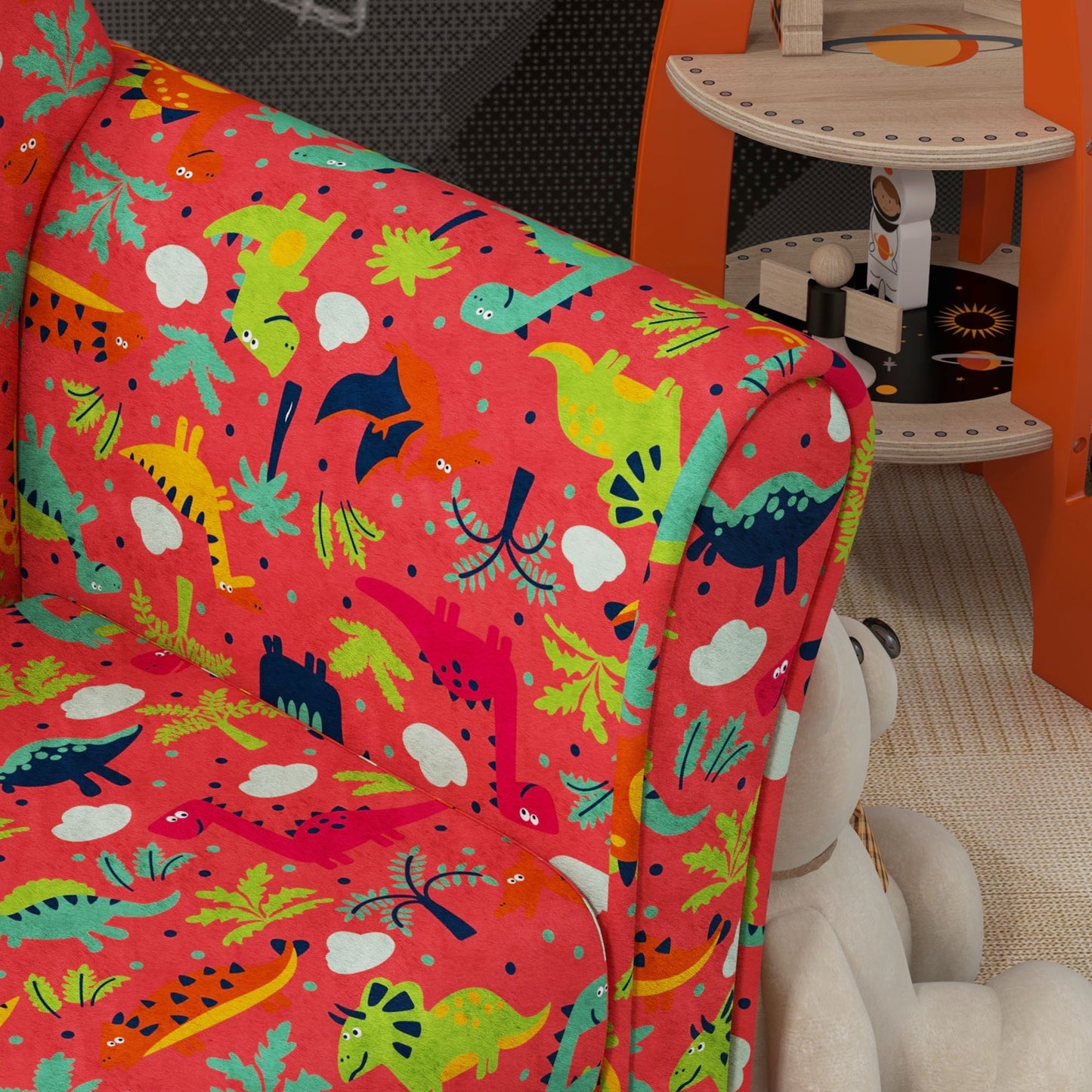 Kids Armchair with Dinosaur Design, Wooden Frame, for Bedroom, Playroom, Kids Room - Red