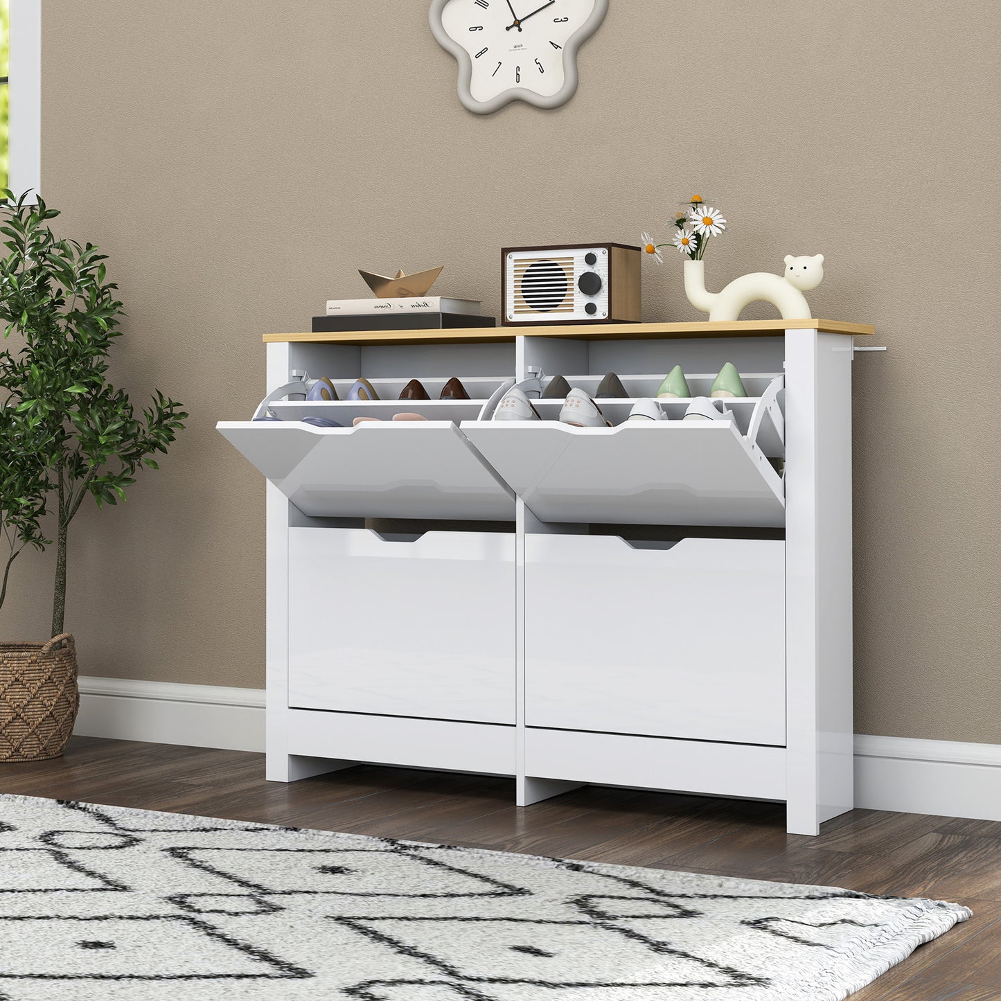 Slim Shoe Cabinet, Narrow Shoe Cupboard with 4 Flip Drawers, Adjustable Shelves for 16 Pairs of Shoes, White