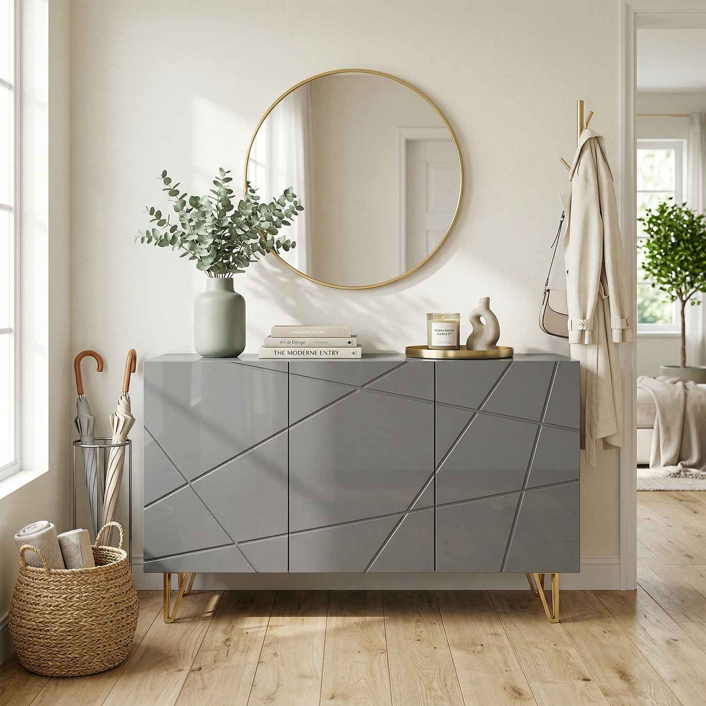 Modern Luxe High Gloss Sideboard, with Hairpin Legs, Grey